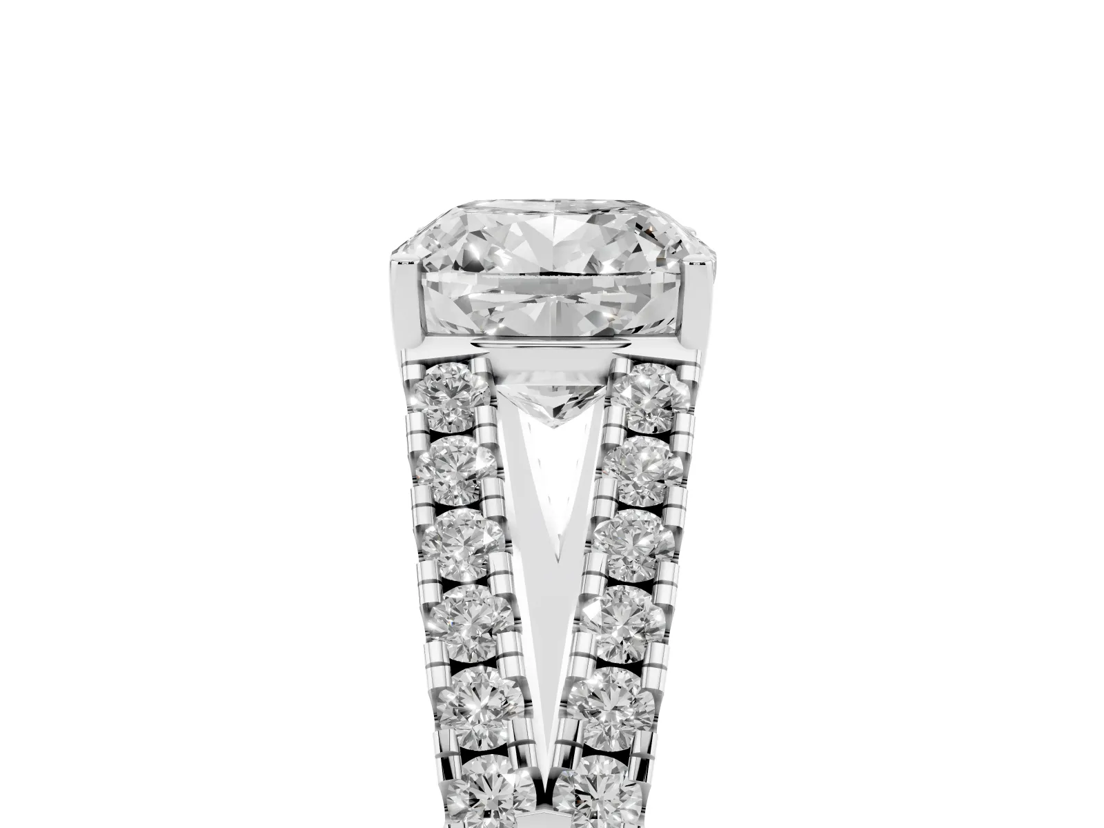 Cushion Cut Diamond Split Shank Engagement Ring with Round Pavé and Prong Setting White gold