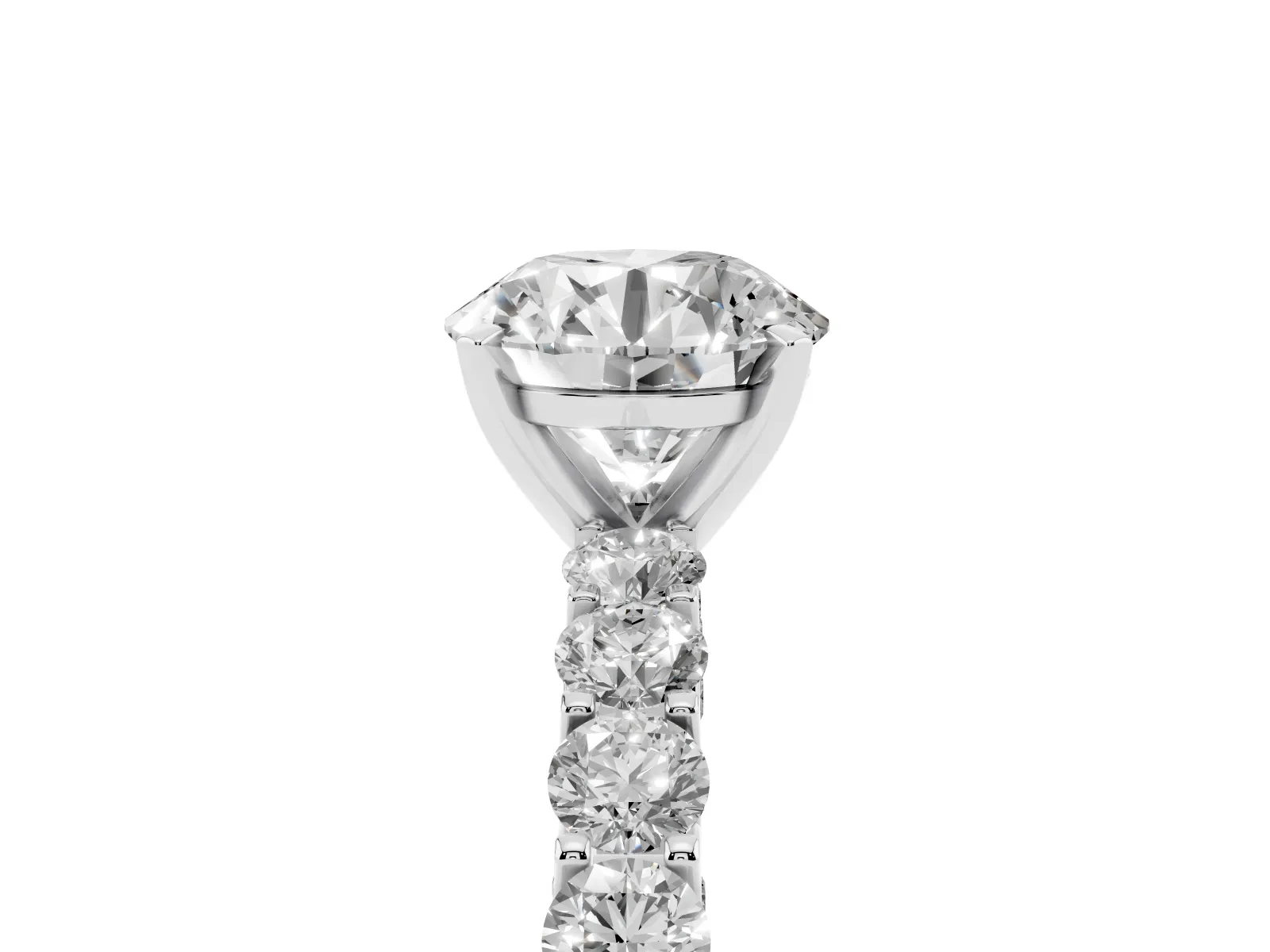 Round Cut Diamond Solitaire Ring with Shared Prong Pavé Band and Four-Prong Setting White gold