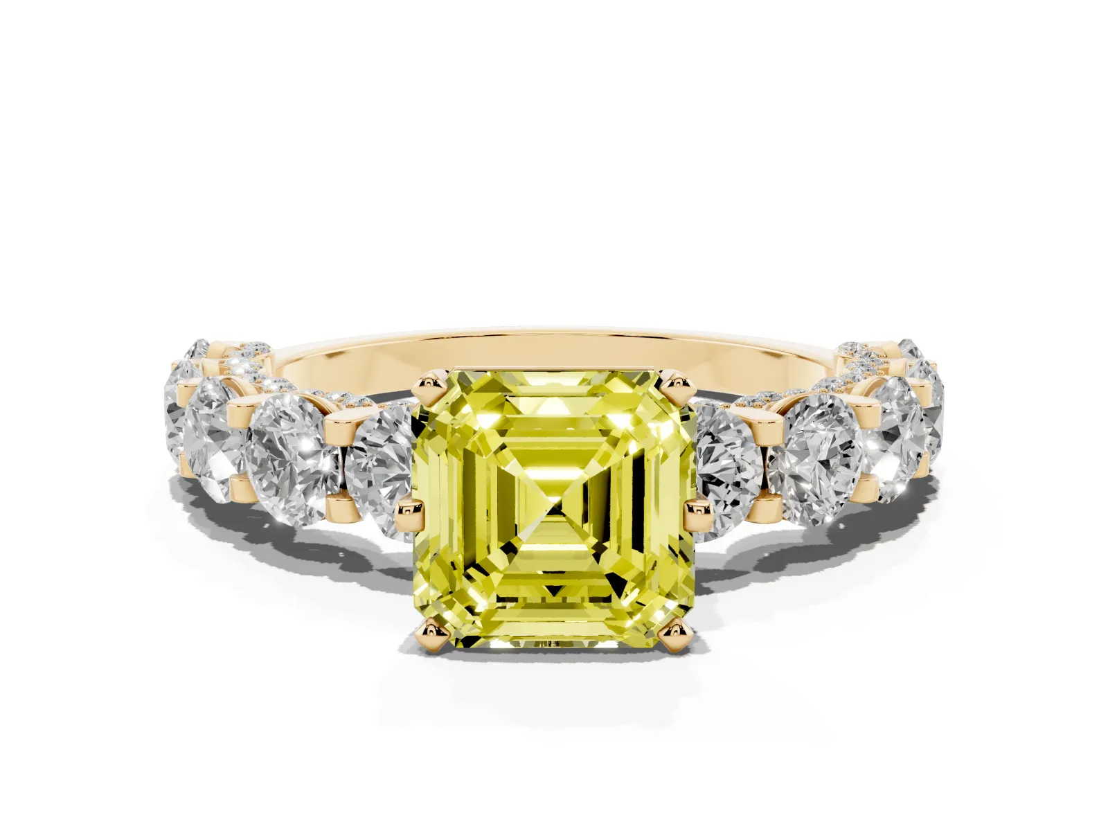 Fancy Yellow Asscher Cut Diamond Side Stone Engagement Ring with Four-Prong Setting Yellow gold