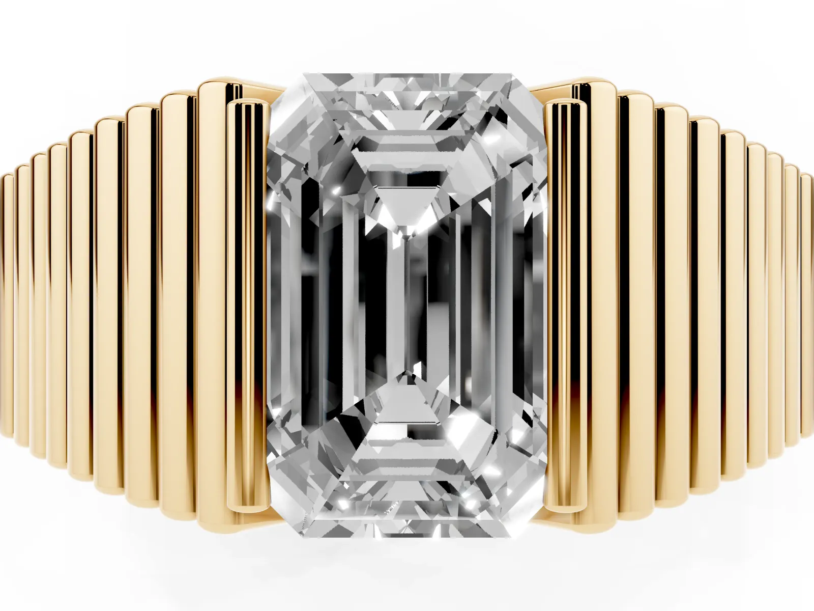 Emerald Cut Diamond Fluted Mens Ring Yellow gold