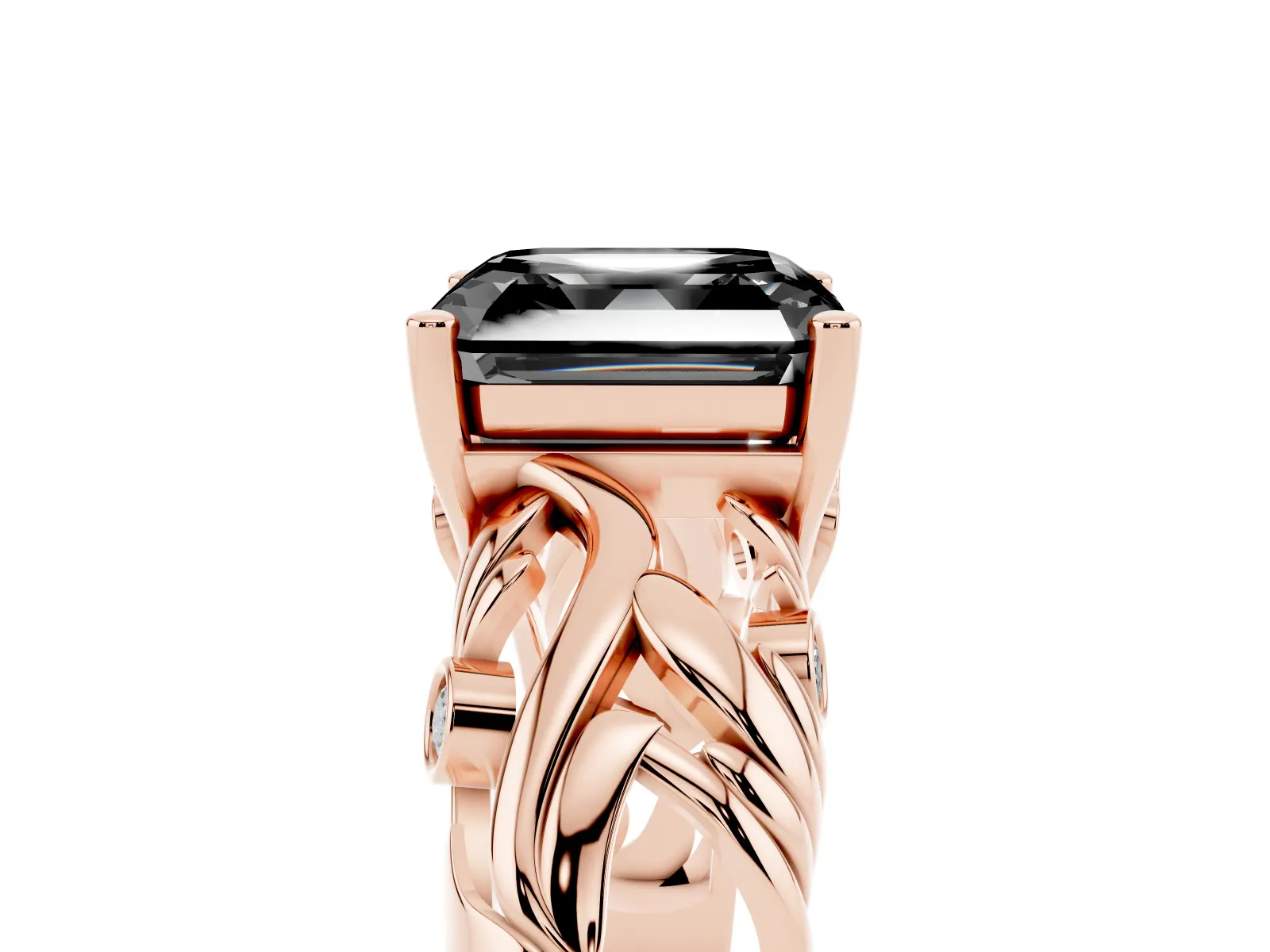 Fancy Black Asscher Cut Solitaire Diamond Leaf-Inspired Vine Band Ring with Prong Setting Rose gold