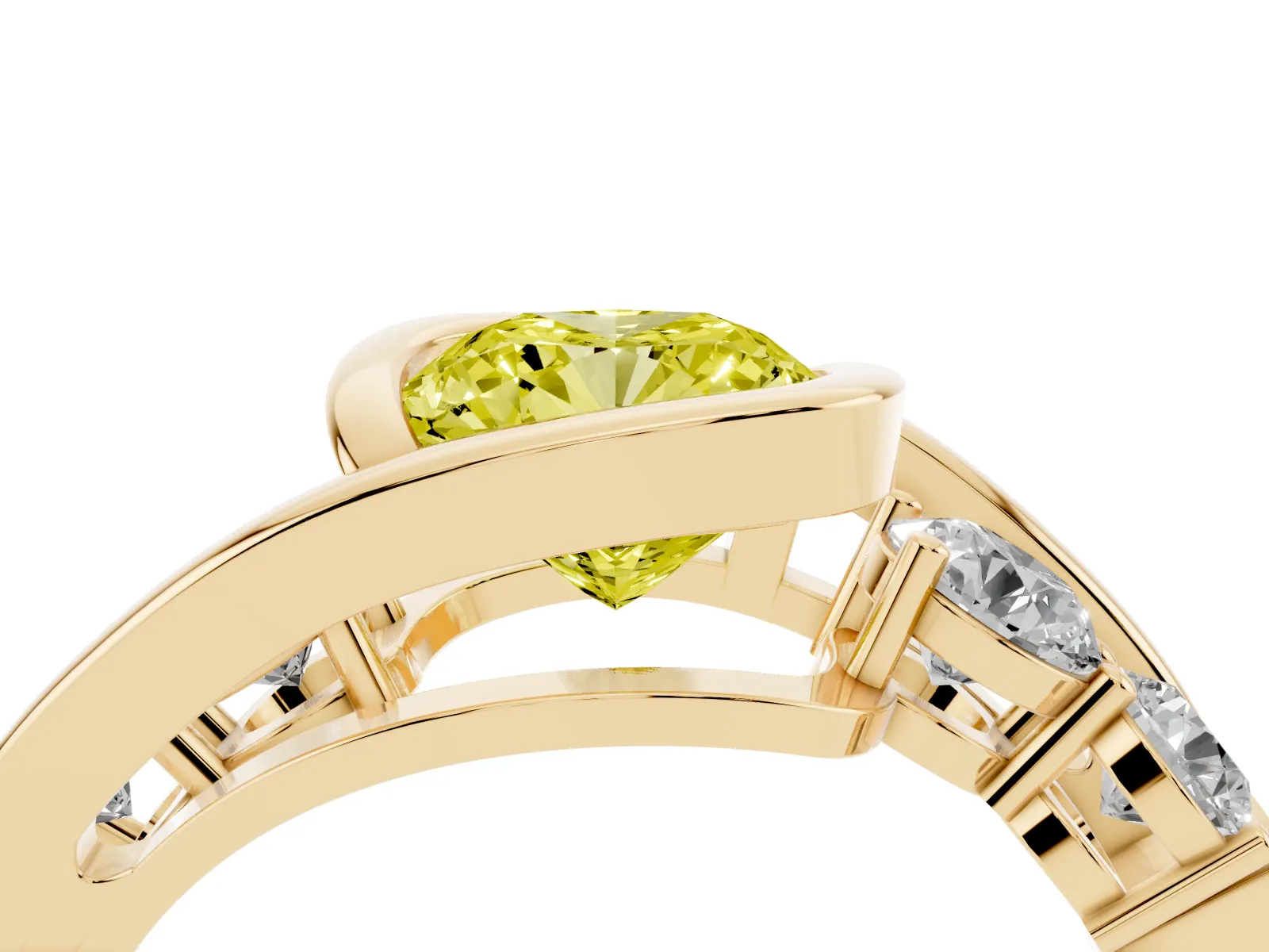 Fancy Yellow Bezel Set Cushion Cut Diamond Bypass Ring with Round Accents Yellow gold