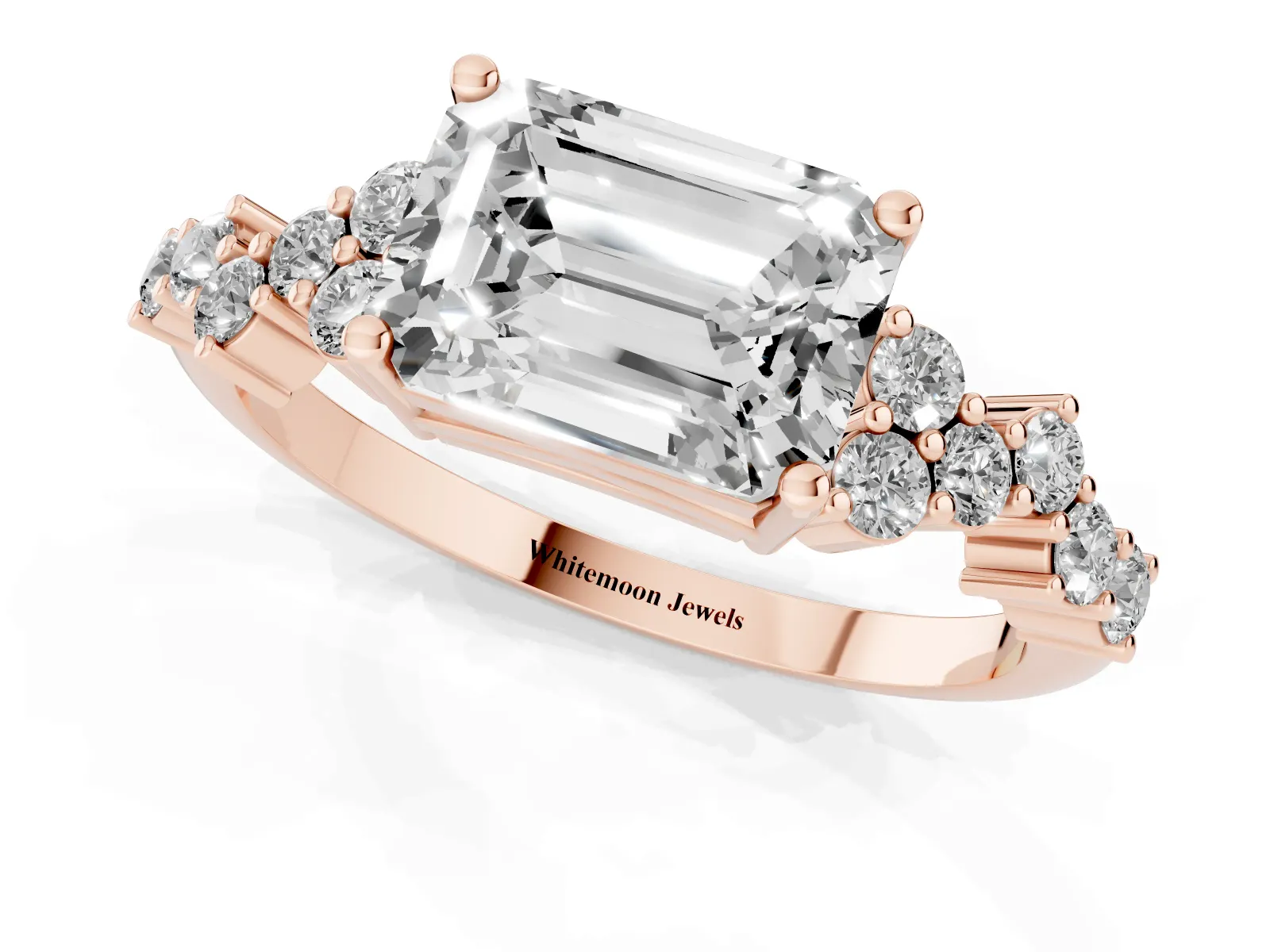 Emerald Cut Diamond Scattered Round Accent Ring with Prong Setting Rose gold