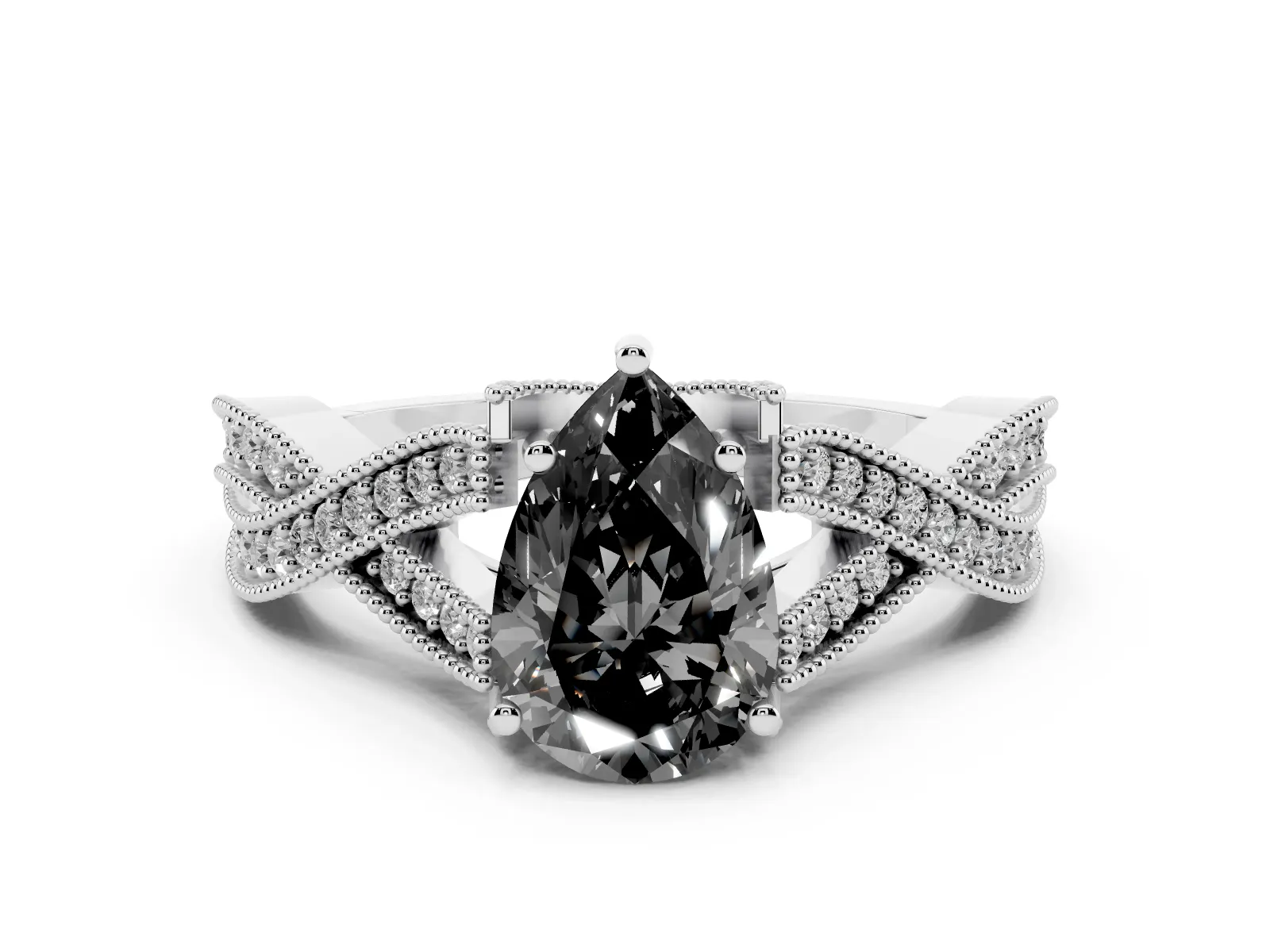 Fancy Black Pear Cut Cut Diamond Twisted Band with Milgrain Pave Setting and Four-Prong Setting Platinum