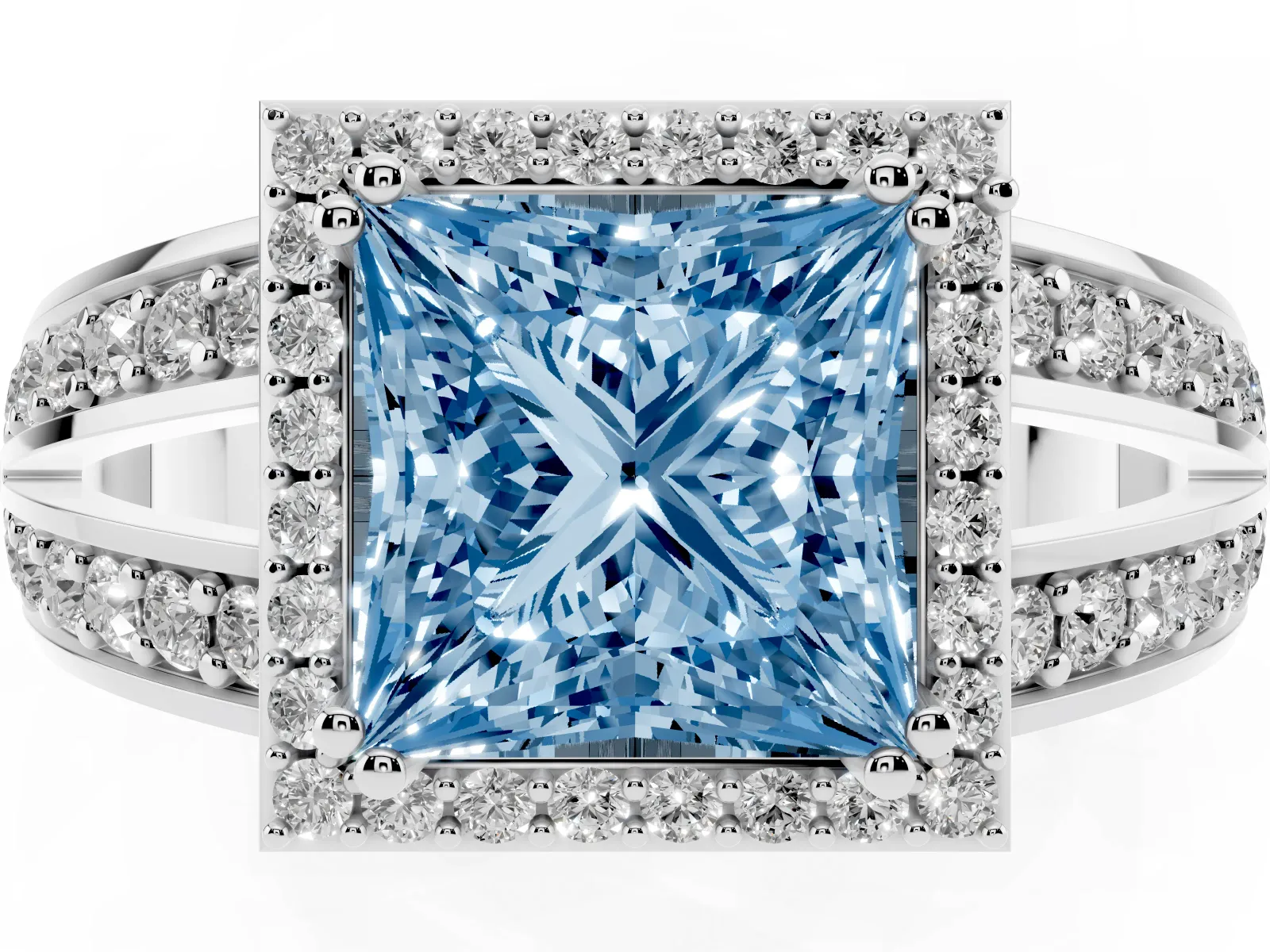 Fancy Blue Princess Cut Diamond Halo Ring with Split Shank Pavé Band and Four-Prong Setting Platinum