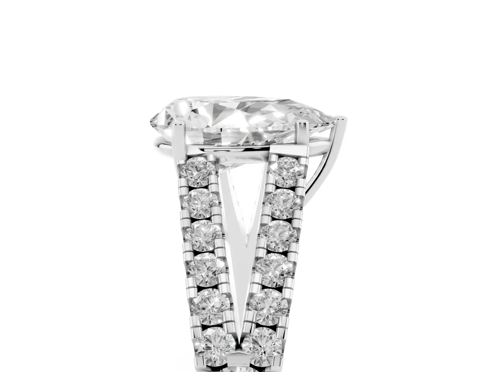 Pear Cut Diamond Split Shank Engagement Ring with Round Pavé and Prong Setting White gold