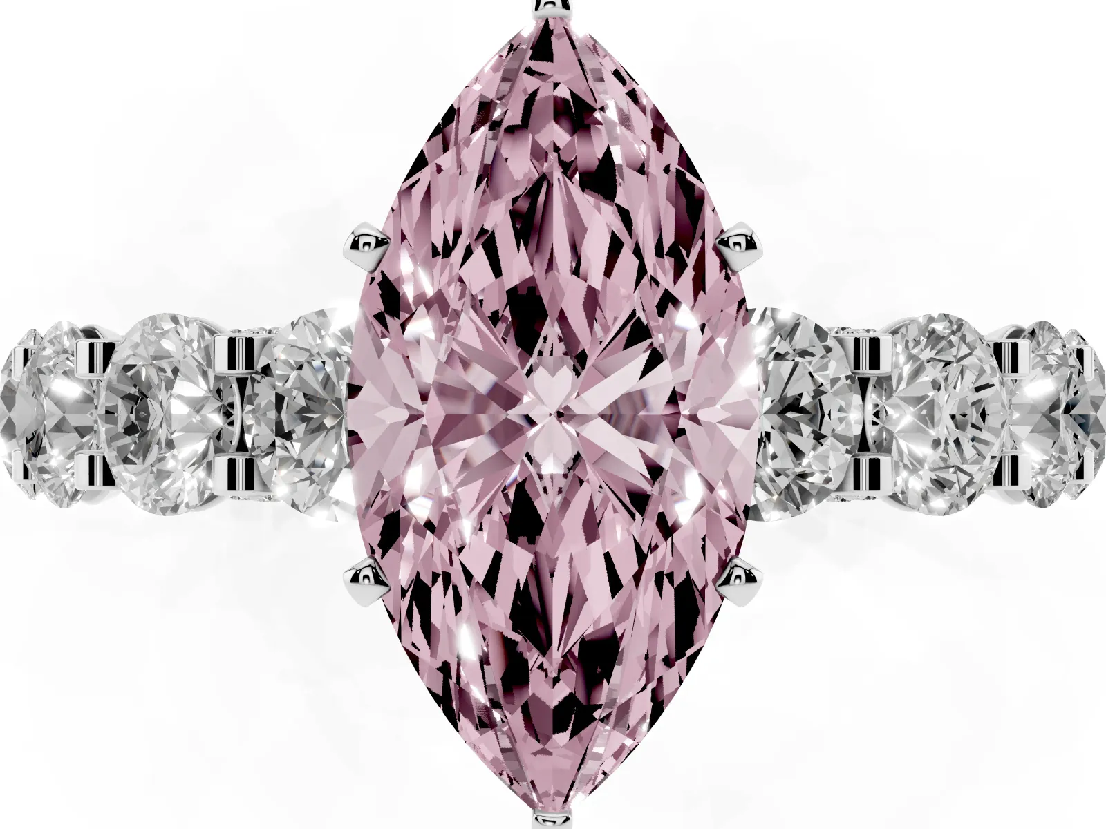 Fancy Pink Marquise Cut Diamond Side Stone Engagement Ring with Four-Prong Setting Platinum