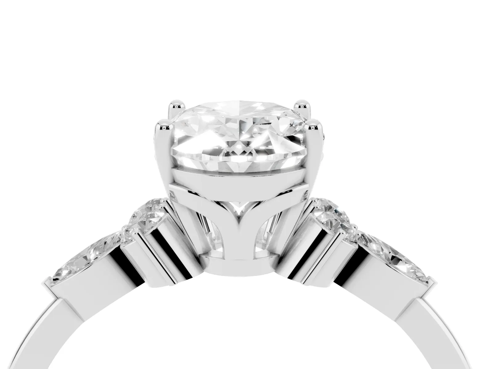 Oval Cut Brilliant Diamond Solitaire Ring with Pear Side Stones and Four-Prong Setting Platinum