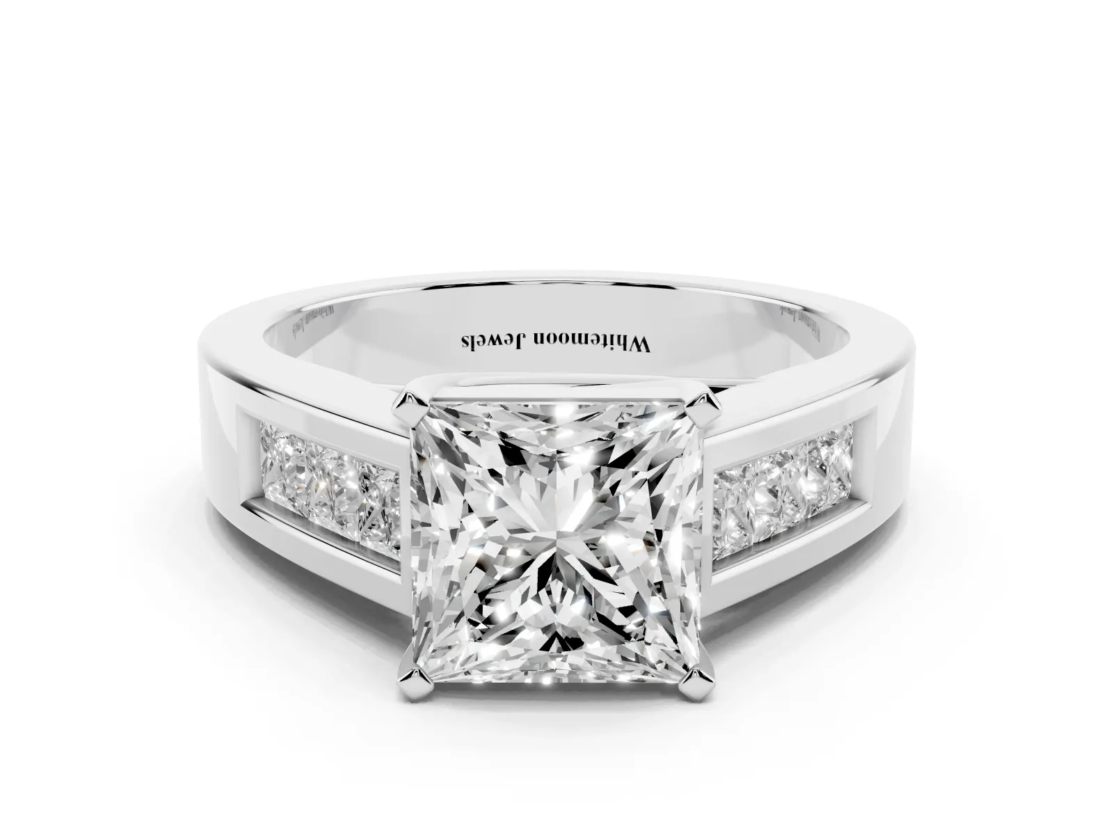 Princess Cut Cut Channel Set Solitaire Ring with Four-Prong Setting Platinum
