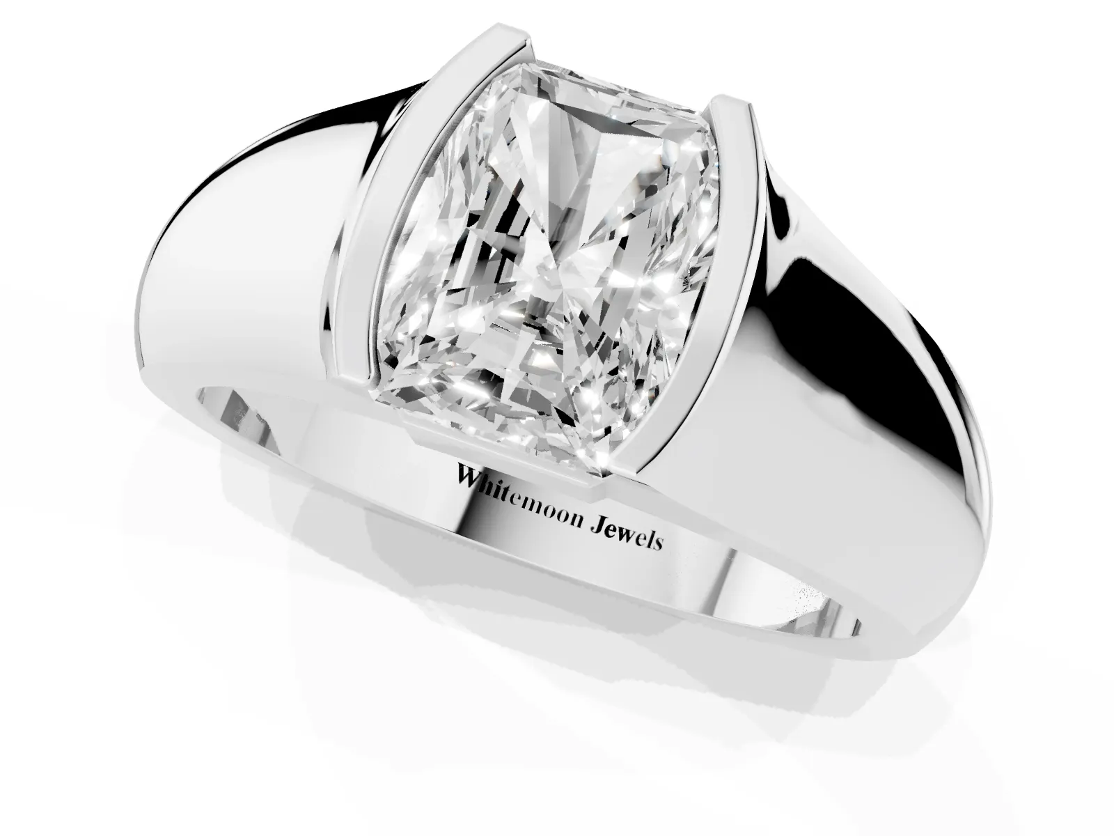 Radiant Cut Solitaire Bezel Set Diamond Ring with Wide Band White gold