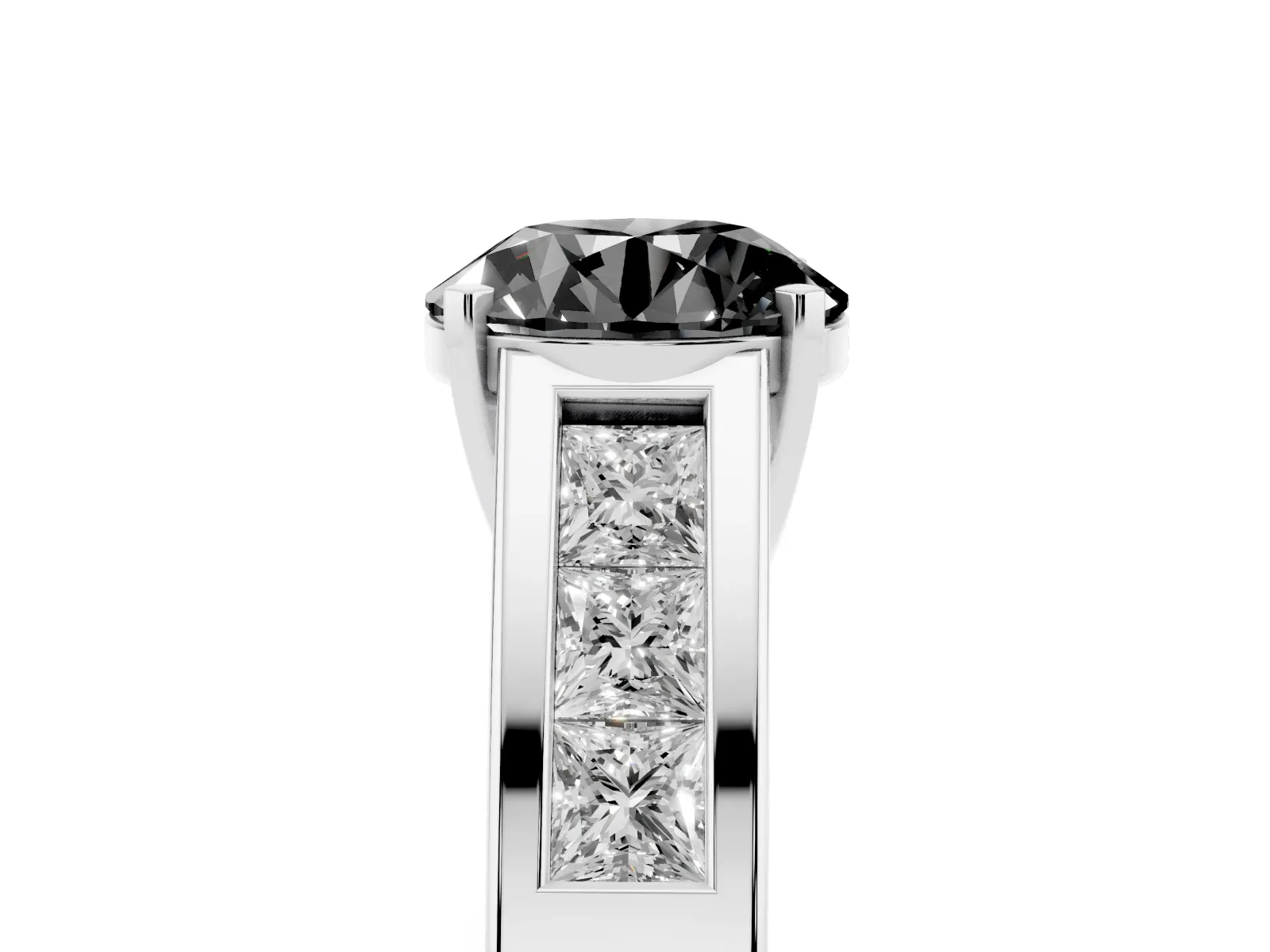 Fancy Black Round Cut Cut Channel Set Solitaire Ring with Four-Prong Setting Platinum