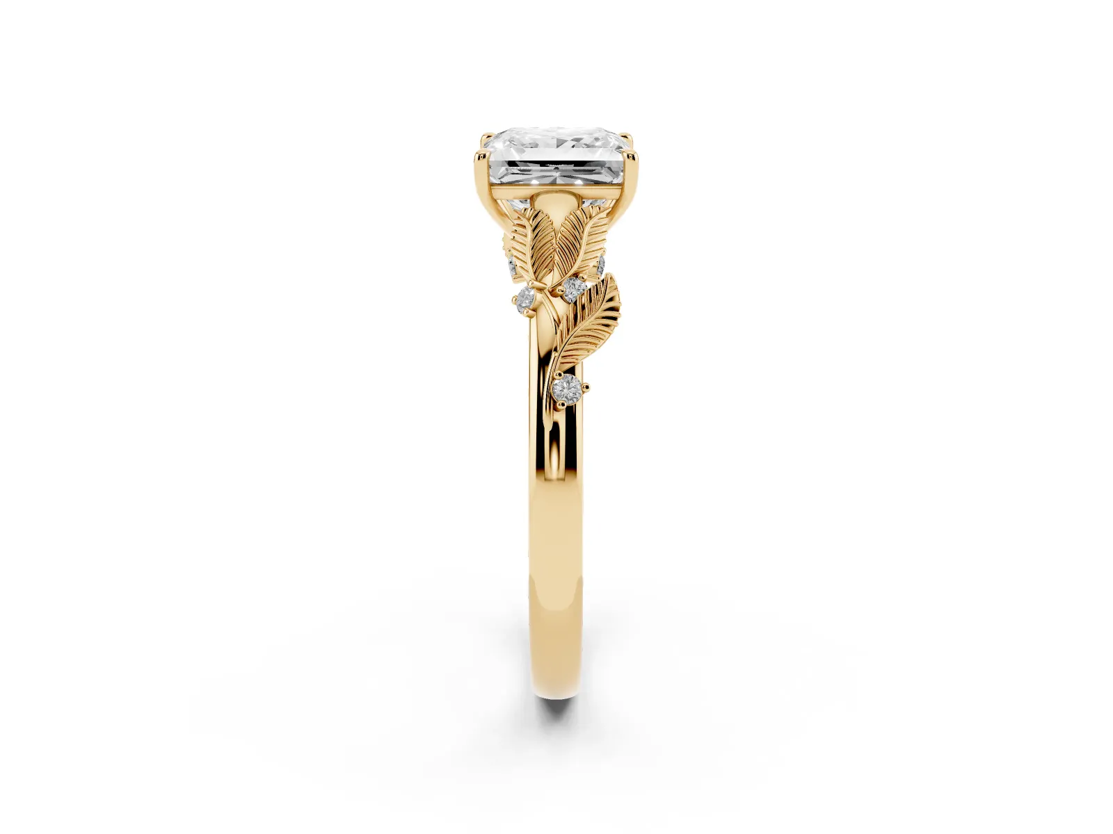 Princess Cut Diamond Solitaire Ring with Leaf Motif Band and Four-Prong Setting Yellow gold