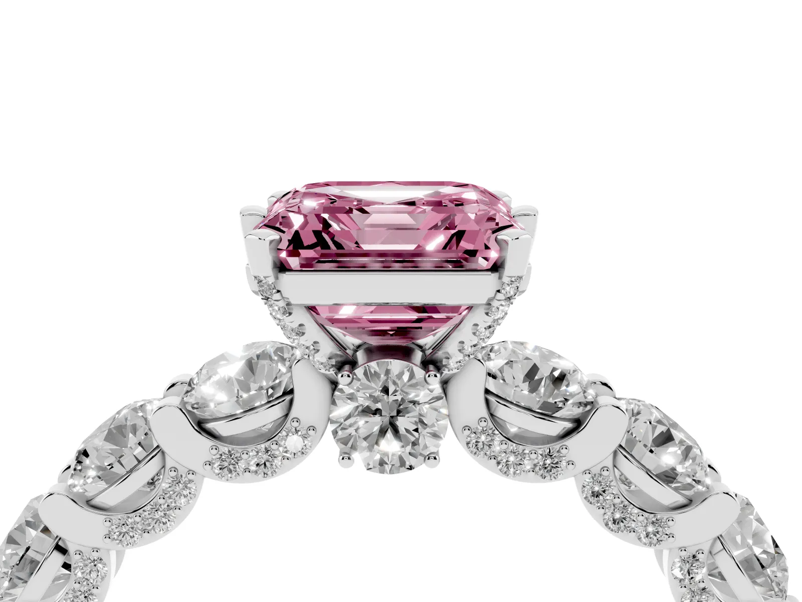 Fancy Pink Asscher Cut Diamond Side Stone Engagement Ring with Four-Prong Setting Platinum