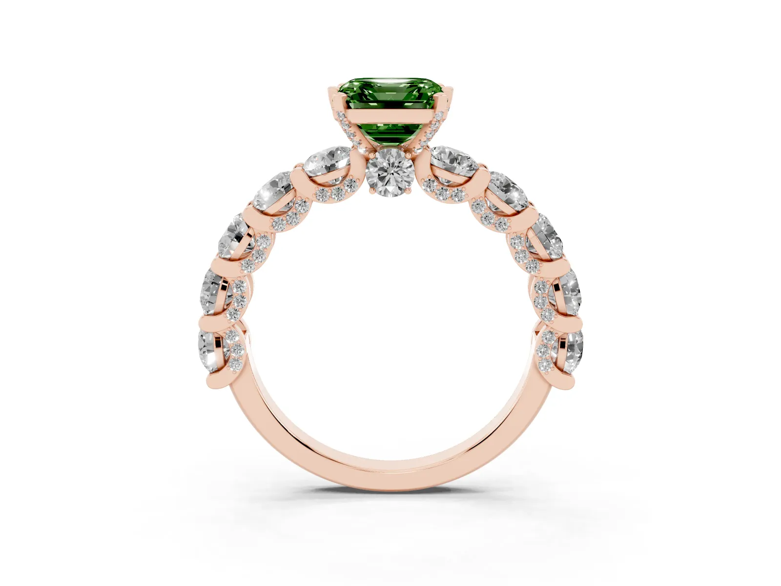 Fancy Green Asscher Cut Diamond Side Stone Engagement Ring with Four-Prong Setting Rose gold
