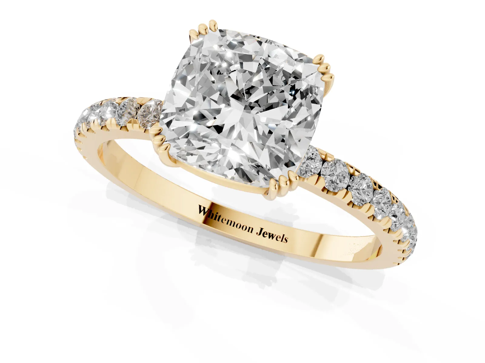 Cushion Cut Brilliant Solitaire with Pavé Band and Claw Prong Setting Yellow gold