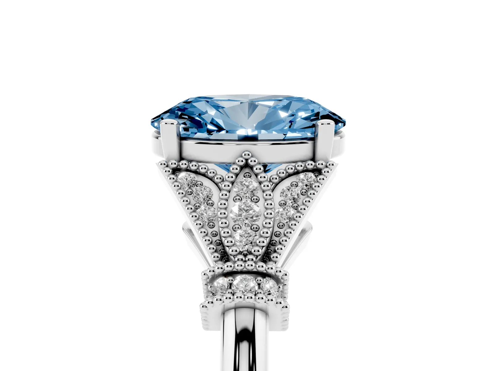 Fancy Blue Oval Cut Diamond Solitaire Ring with Floral Filigree and Pave Accents White gold