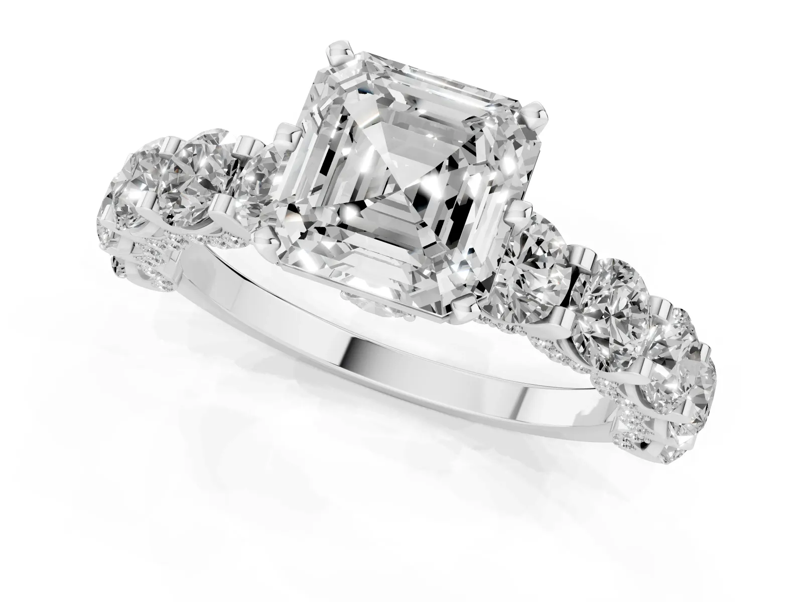 Asscher Cut Diamond Side Stone Engagement Ring with Four-Prong Setting Silver