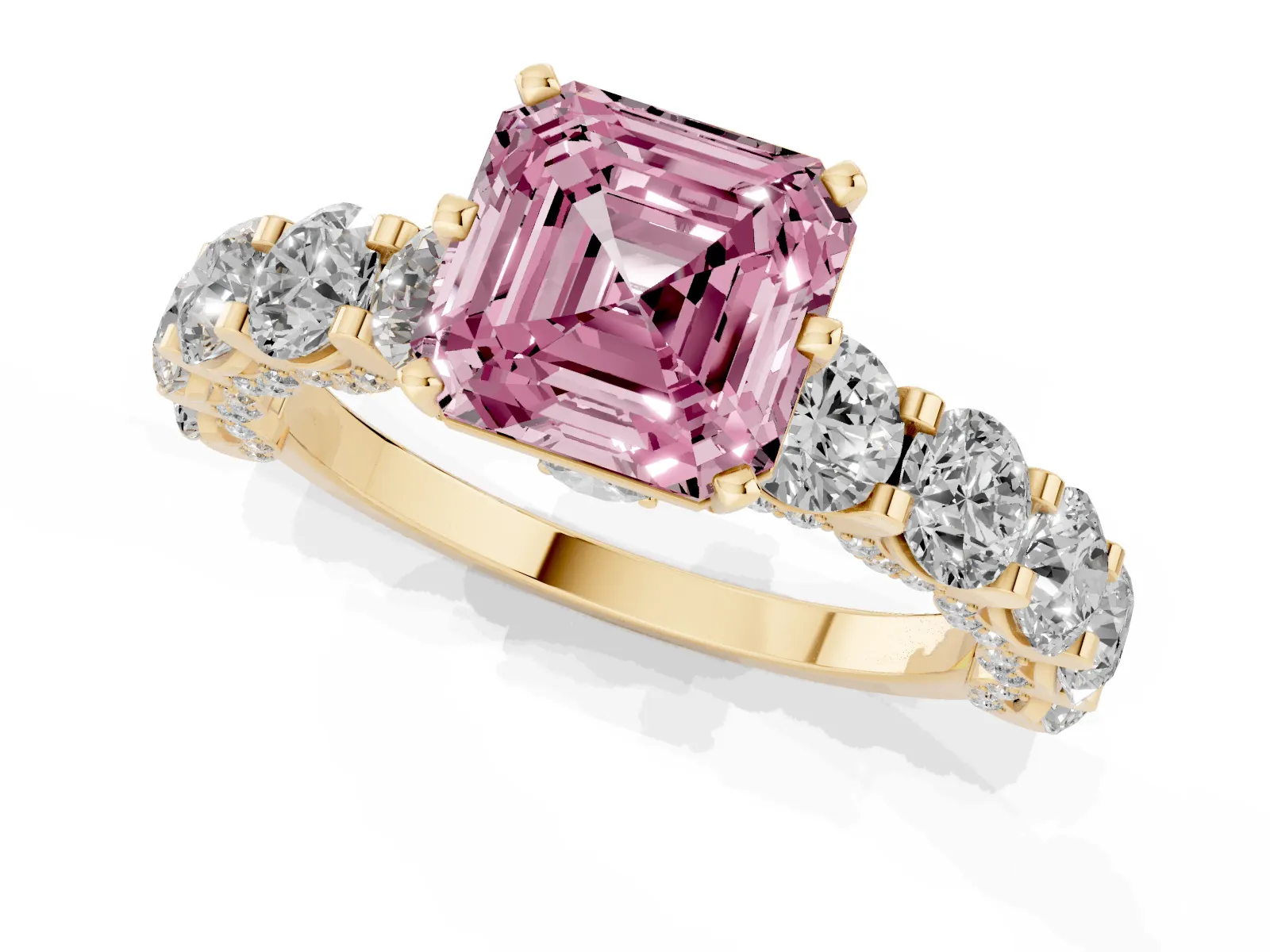 Fancy Pink Asscher Cut Diamond Side Stone Engagement Ring with Four-Prong Setting Yellow gold