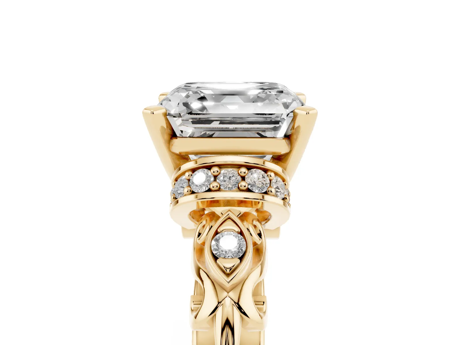 Asscher Cut Diamond Solitaire Ring with Filigree Band and Four-Prong Setting Yellow gold
