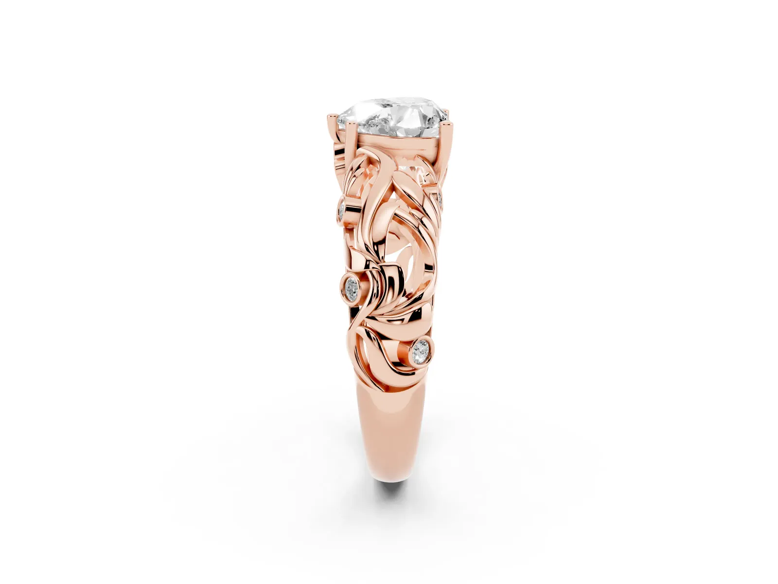 Heart Cut Solitaire Diamond Leaf-Inspired Vine Band Ring with Prong Setting Rose gold