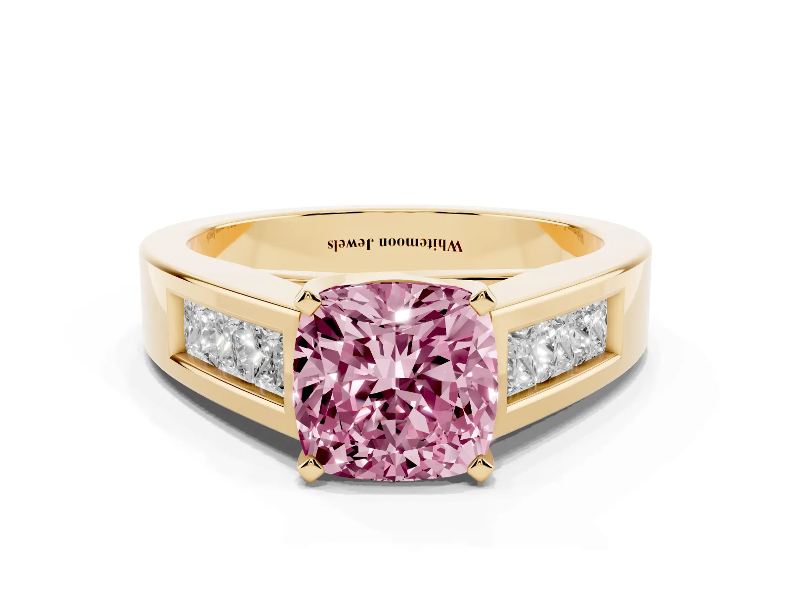 Fancy Pink Cushion Cut Cut Channel Set Solitaire Ring with Four-Prong Setting Yellow gold
