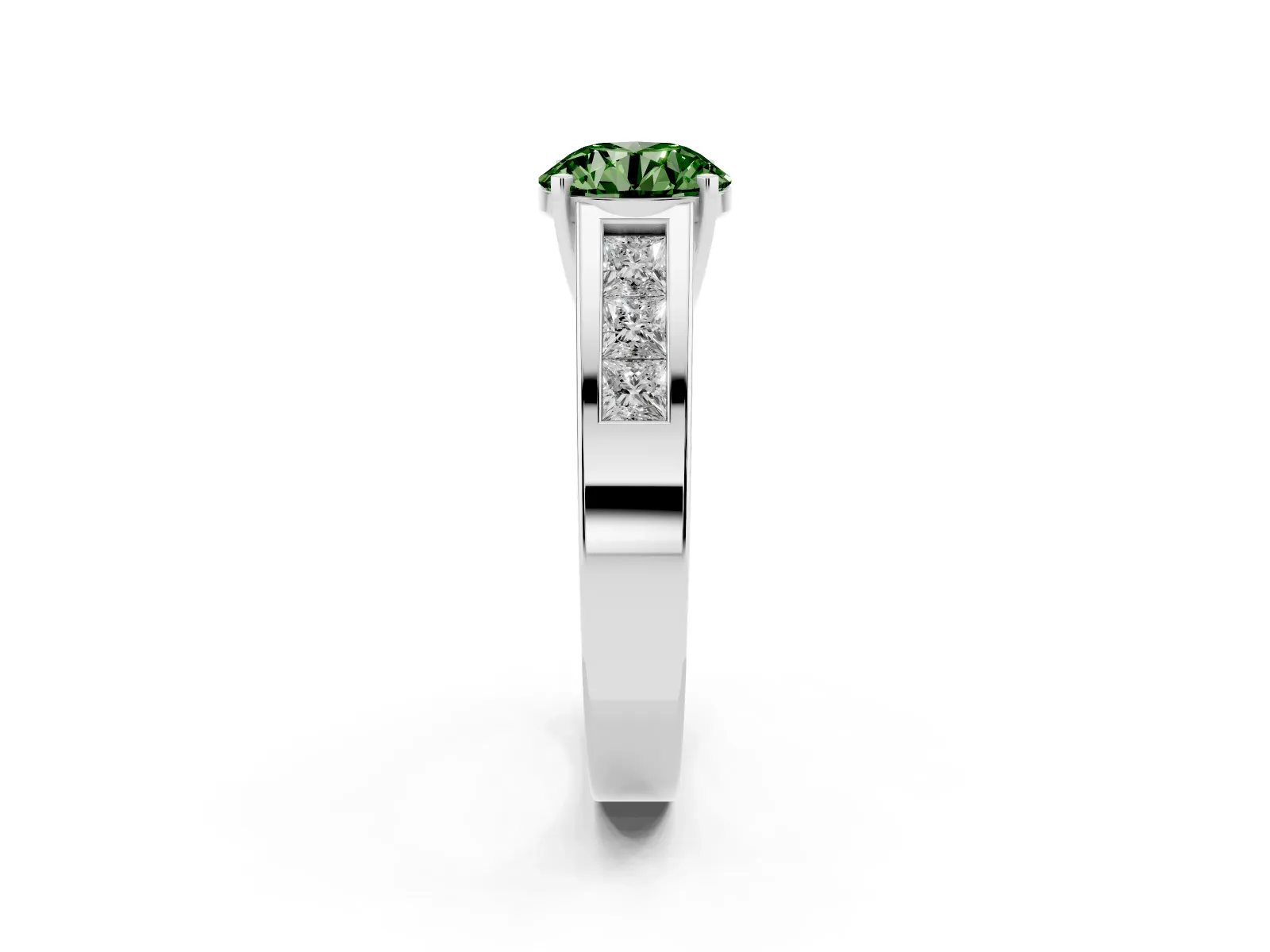 Fancy Green Round Cut Cut Channel Set Solitaire Ring with Four-Prong Setting Platinum
