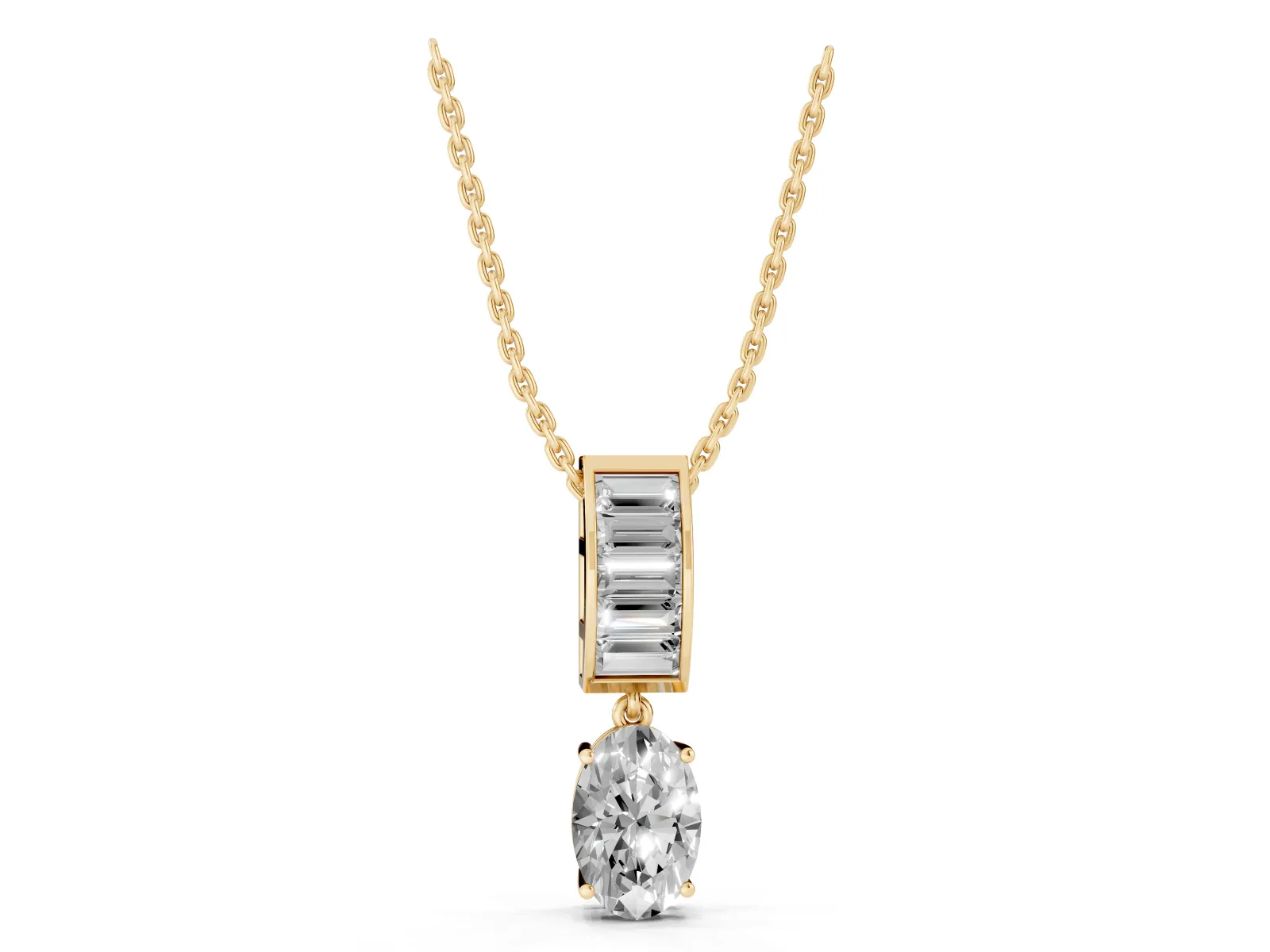 Oval and Baguette Diamond Drop Pendant Yellow gold