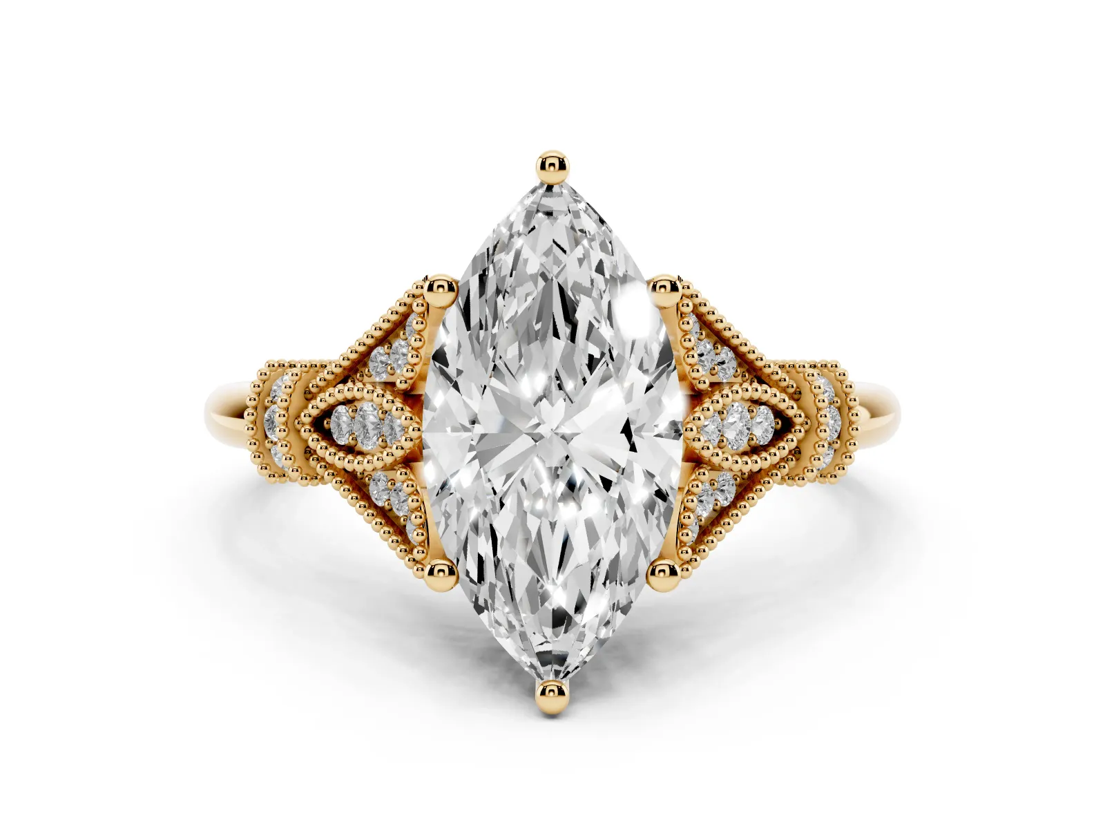 Marquise Cut Diamond Solitaire Ring with Floral Filigree and Pave Accents Yellow gold