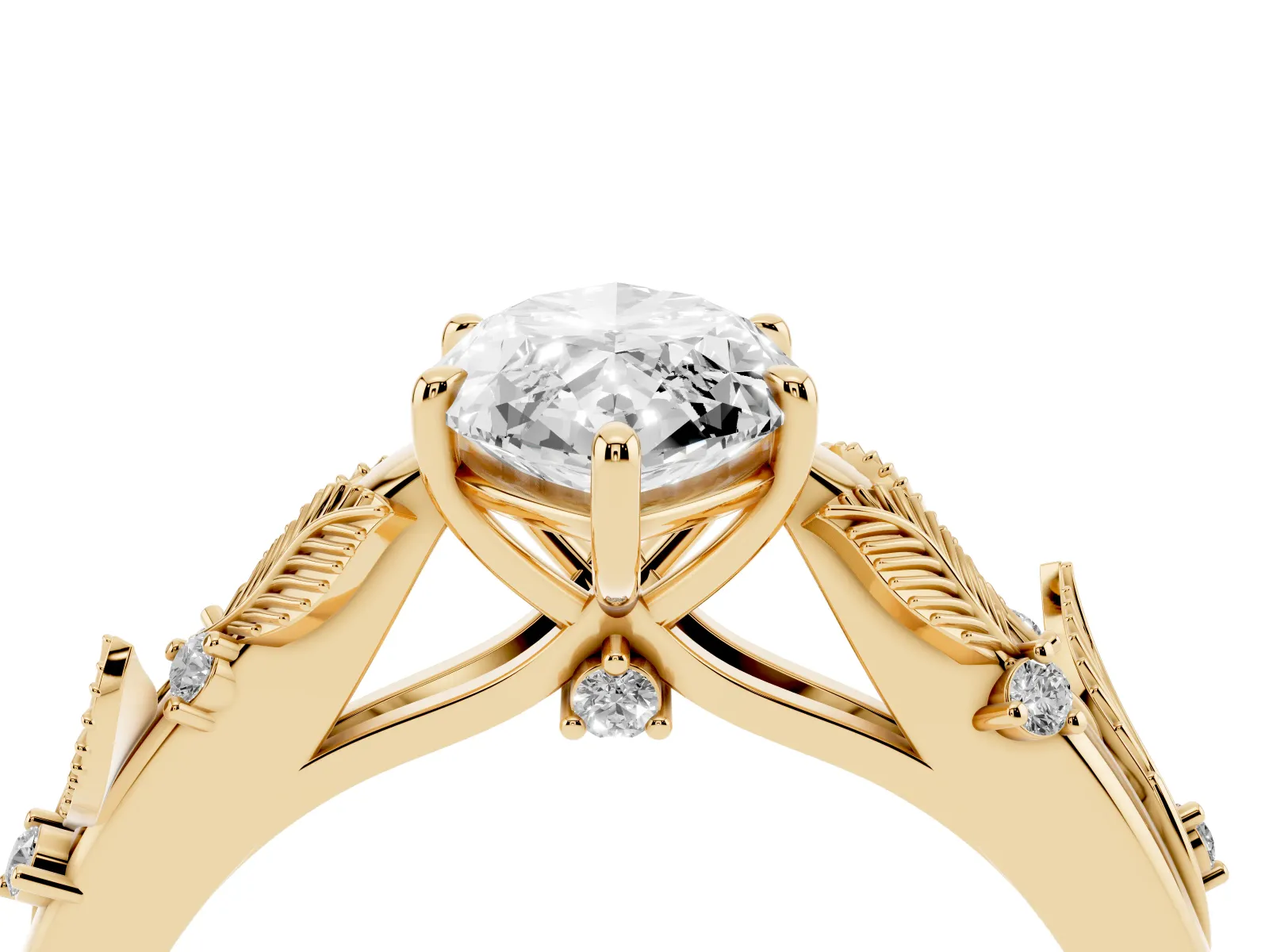 Marquise Cut Diamond Solitaire Ring with Leaf Motif Band and Four-Prong Setting Yellow gold