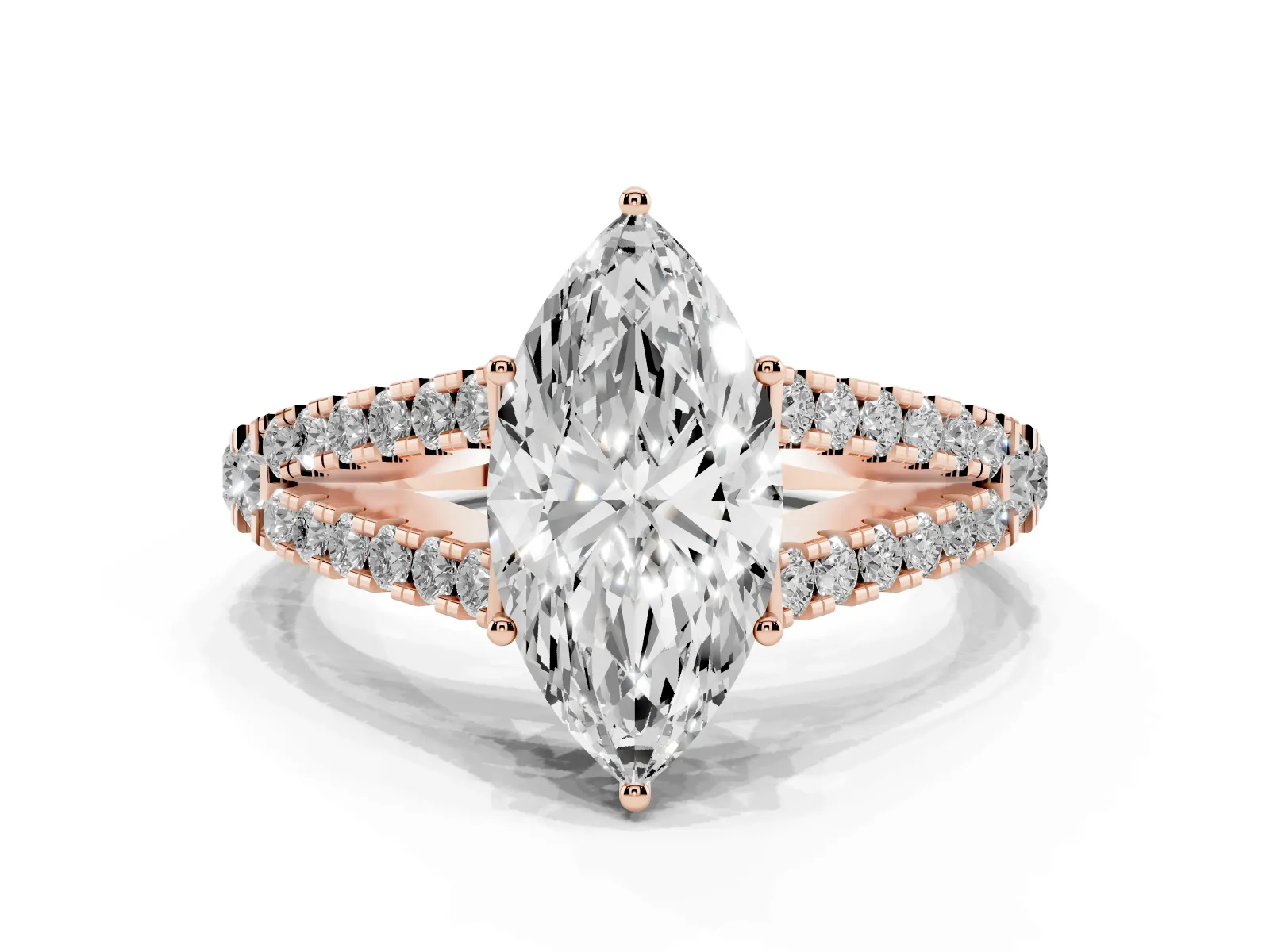 Marquise Cut Diamond Split Shank Engagement Ring with Round Pavé and Prong Setting Rose gold