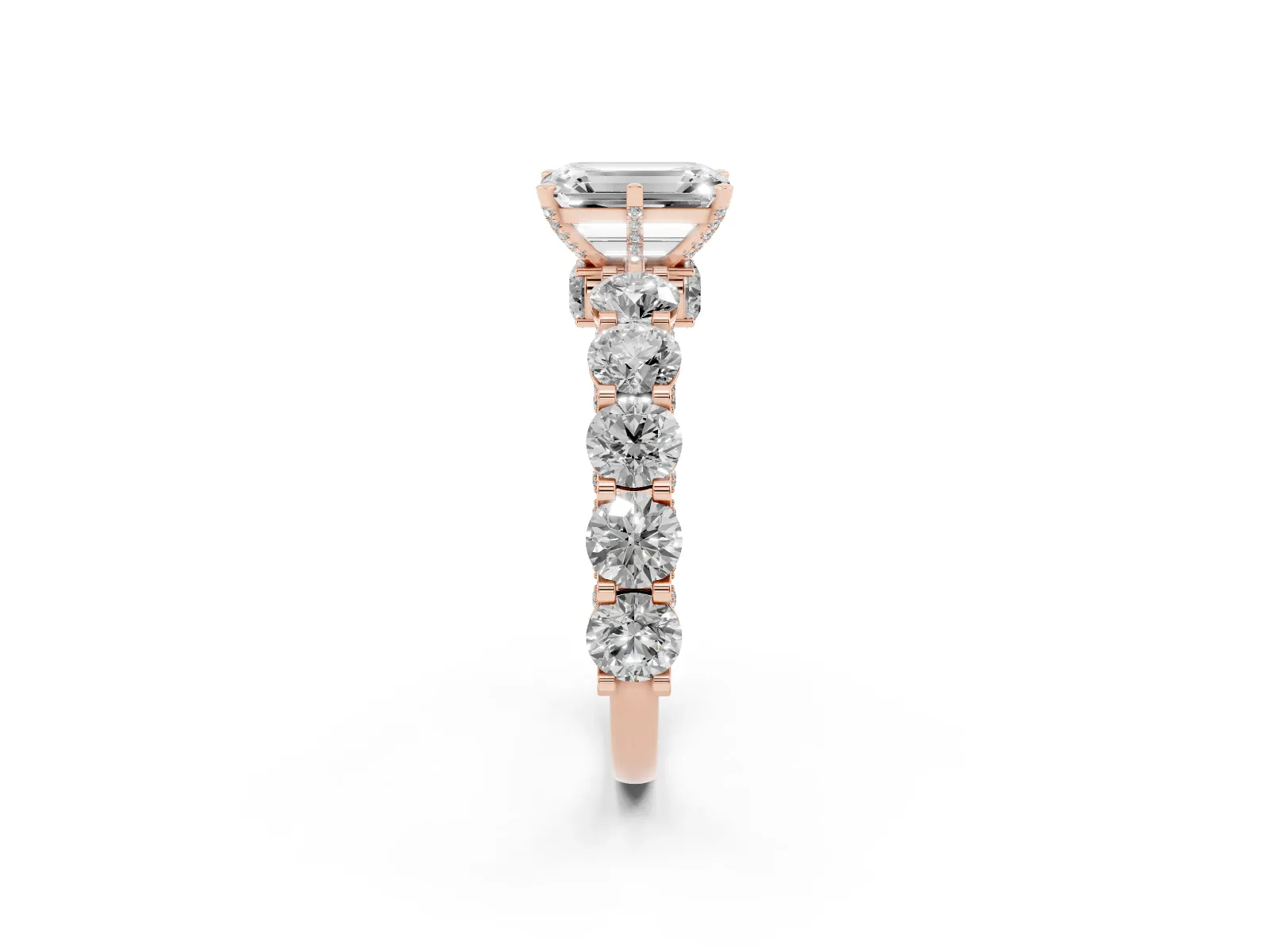 Emerald Cut Diamond Side Stone Engagement Ring with Four-Prong Setting Rose gold