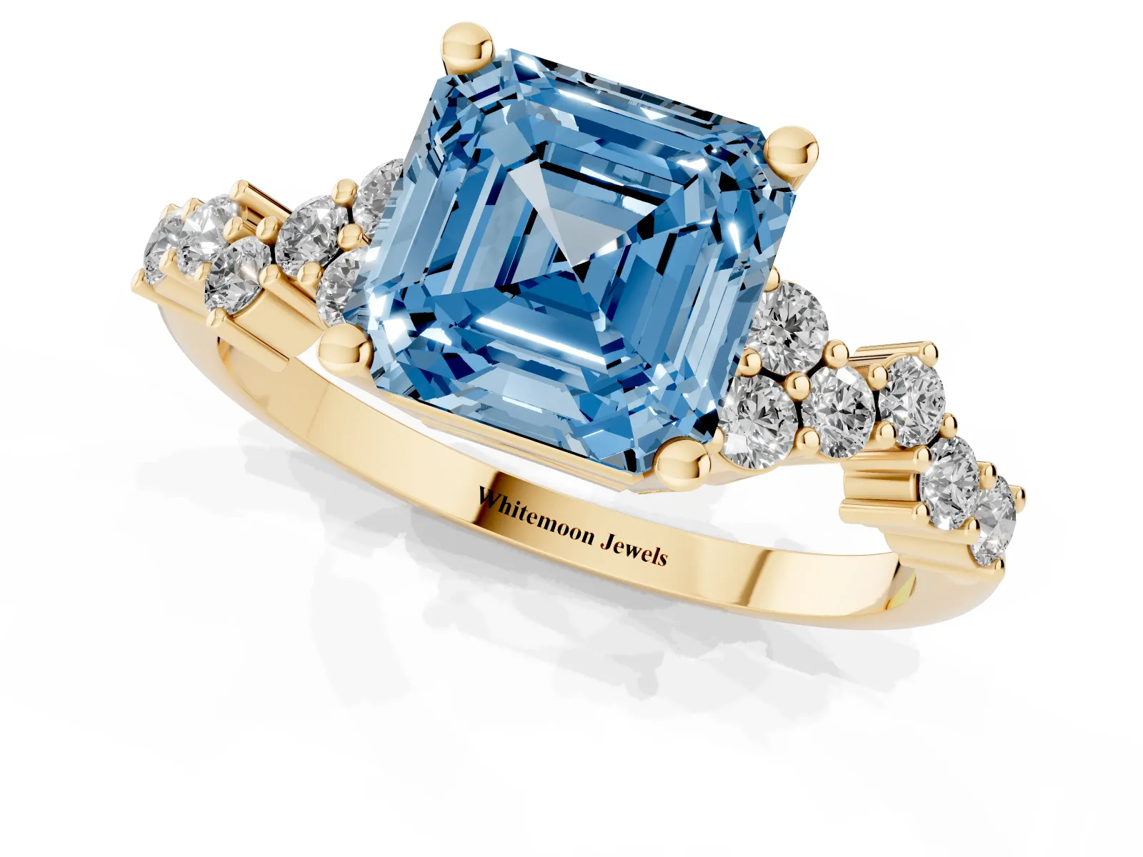 Fancy Blue Asscher Cut Diamond Scattered Round Accent Ring with Prong Setting Yellow gold