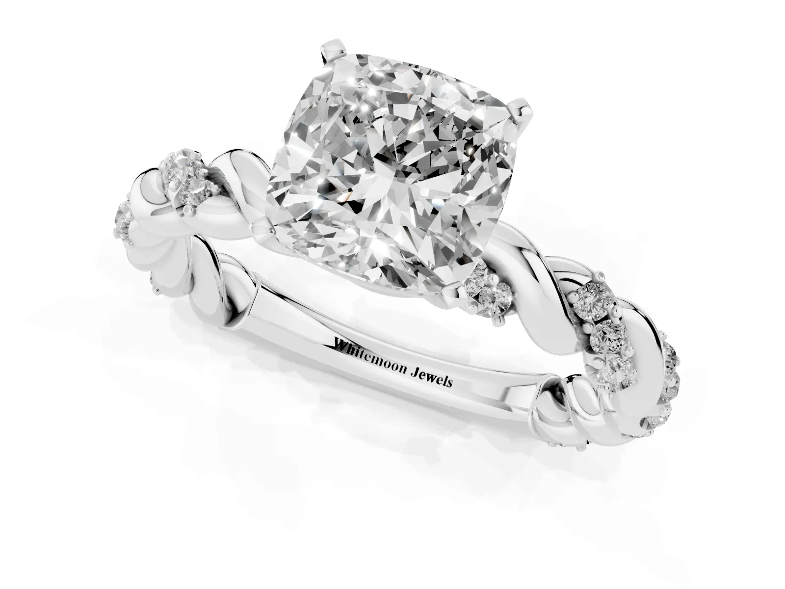 Cushion Cut Diamond Solitaire Ring with Twisted Band and Pavé Accents White gold