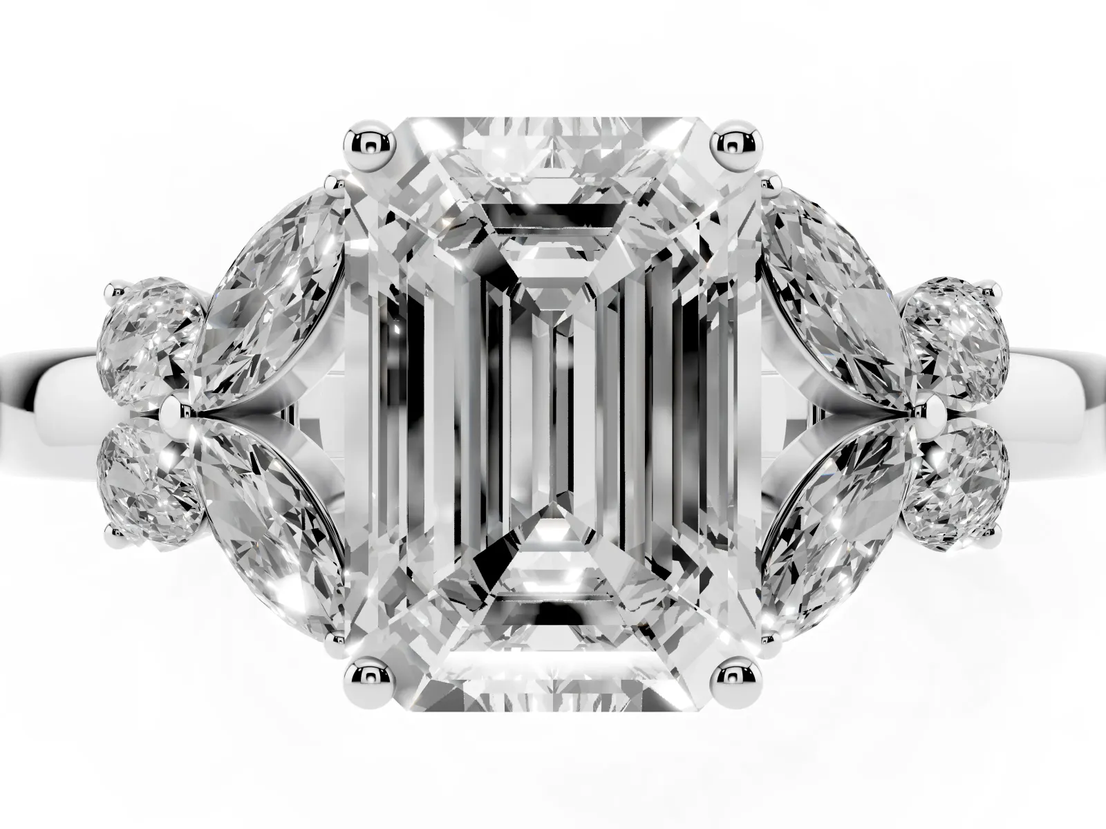 Emerald Cut Cut Solitaire Floral Diamond Ring with Four-Prong Setting Platinum