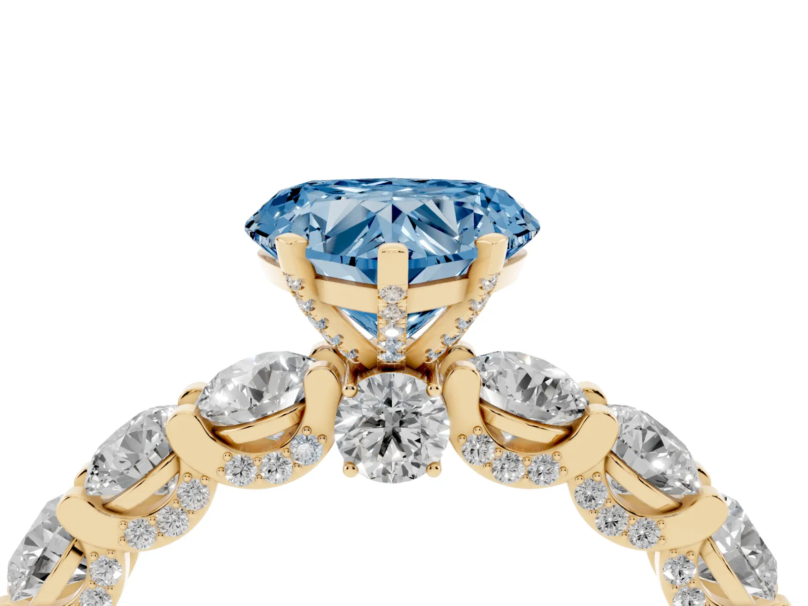 Fancy Blue Heart Cut Diamond Side Stone Engagement Ring with Four-Prong Setting Yellow gold