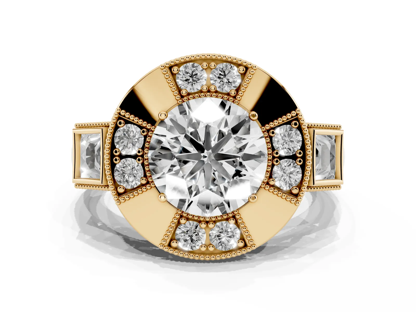 Milgrain Round Cut Diamond Halo Split Shank Ring Yellow gold