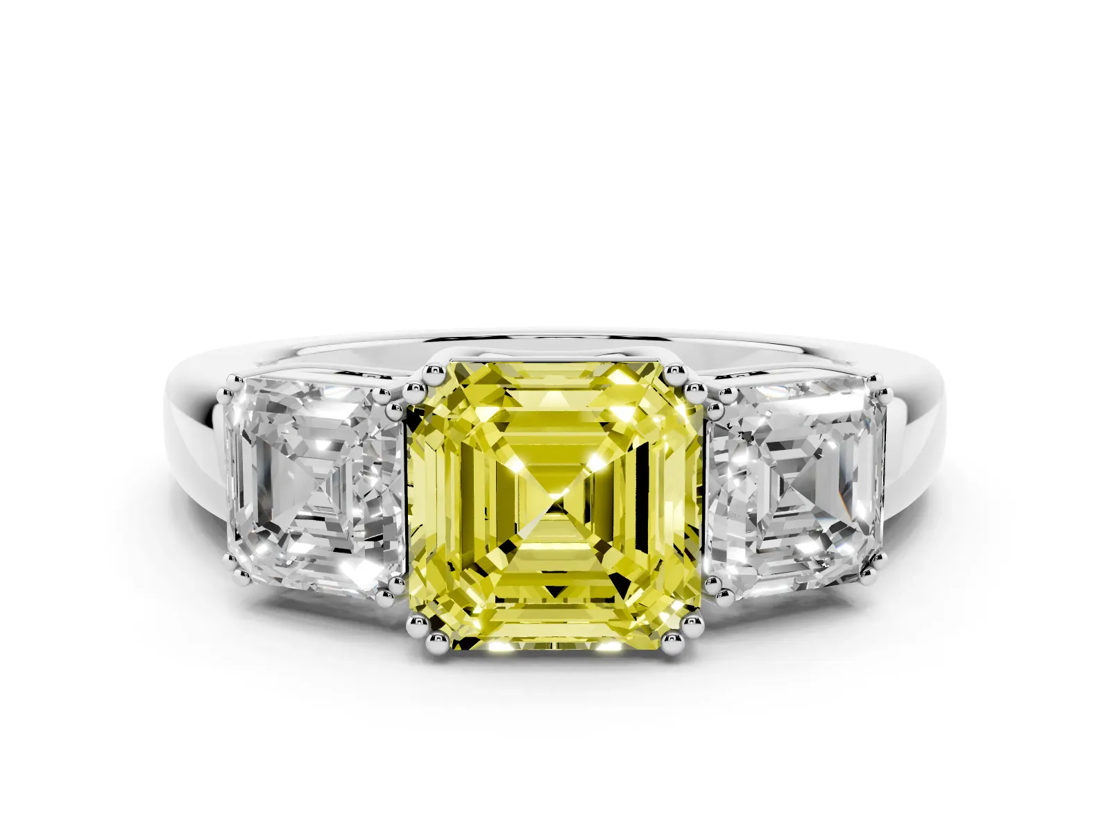 Fancy Yellow Three-Stone Asscher Cut Cut Diamond Ring with Channel Set Band and Four-Prong Setting White gold