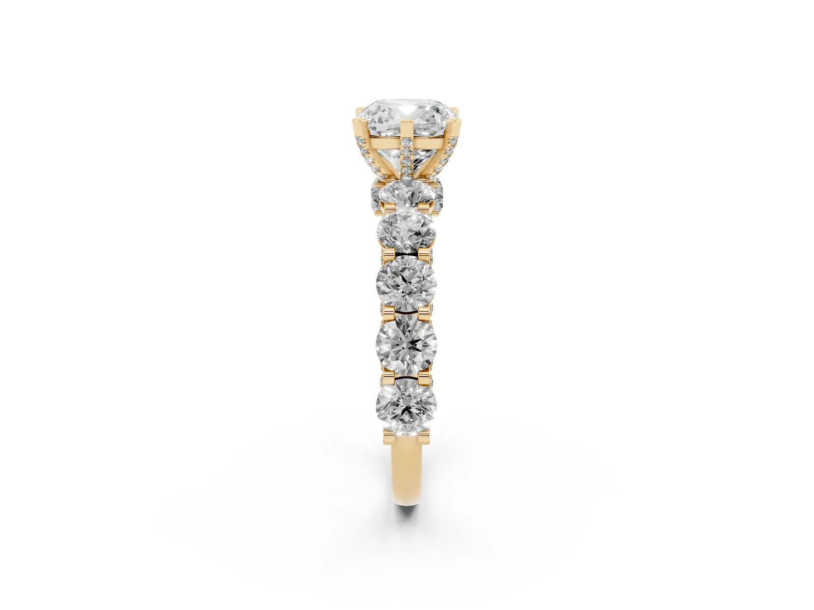 Cushion Cut Diamond Side Stone Engagement Ring with Four-Prong Setting Yellow gold