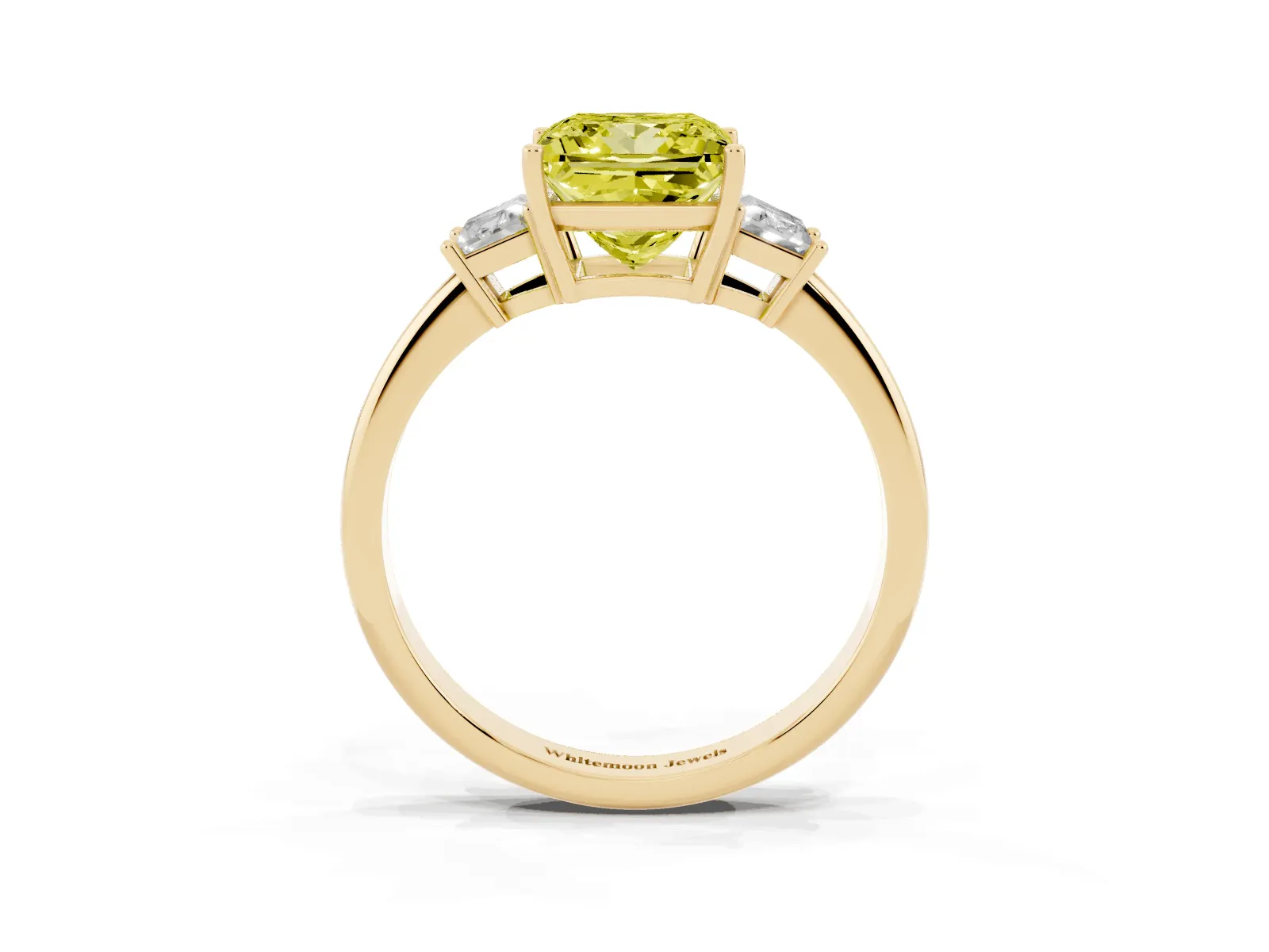 Fancy Yellow Princess Cut Diamond Three-Stone Ring with Trapezoid Side Stones and Prong Setting Yellow gold