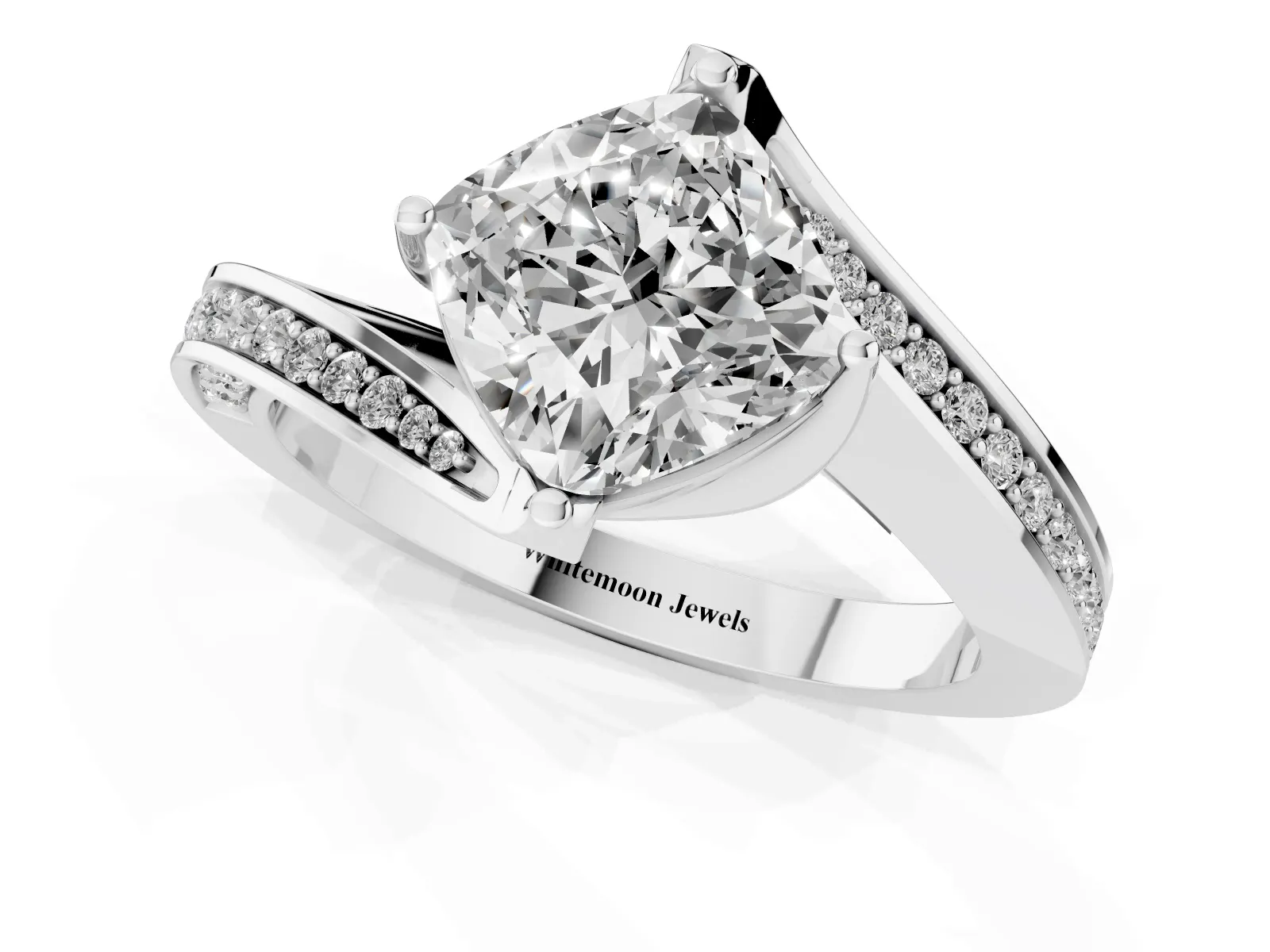 Cushion Cut Solitaire Diamond Twist Band with Pavé Setting and Four-Prong Setting Platinum