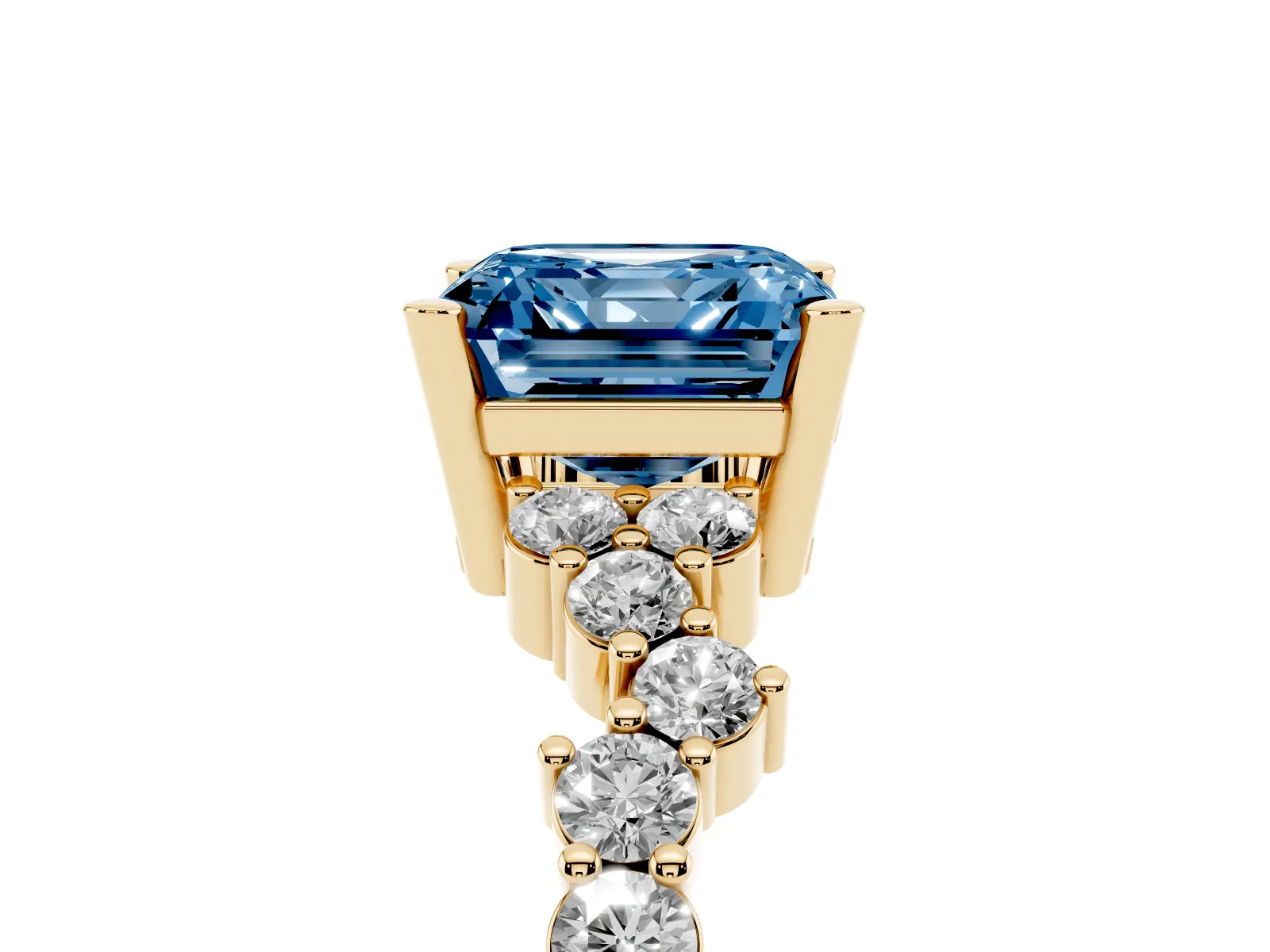 Fancy Blue Asscher Cut Diamond Scattered Round Accent Ring with Prong Setting Yellow gold