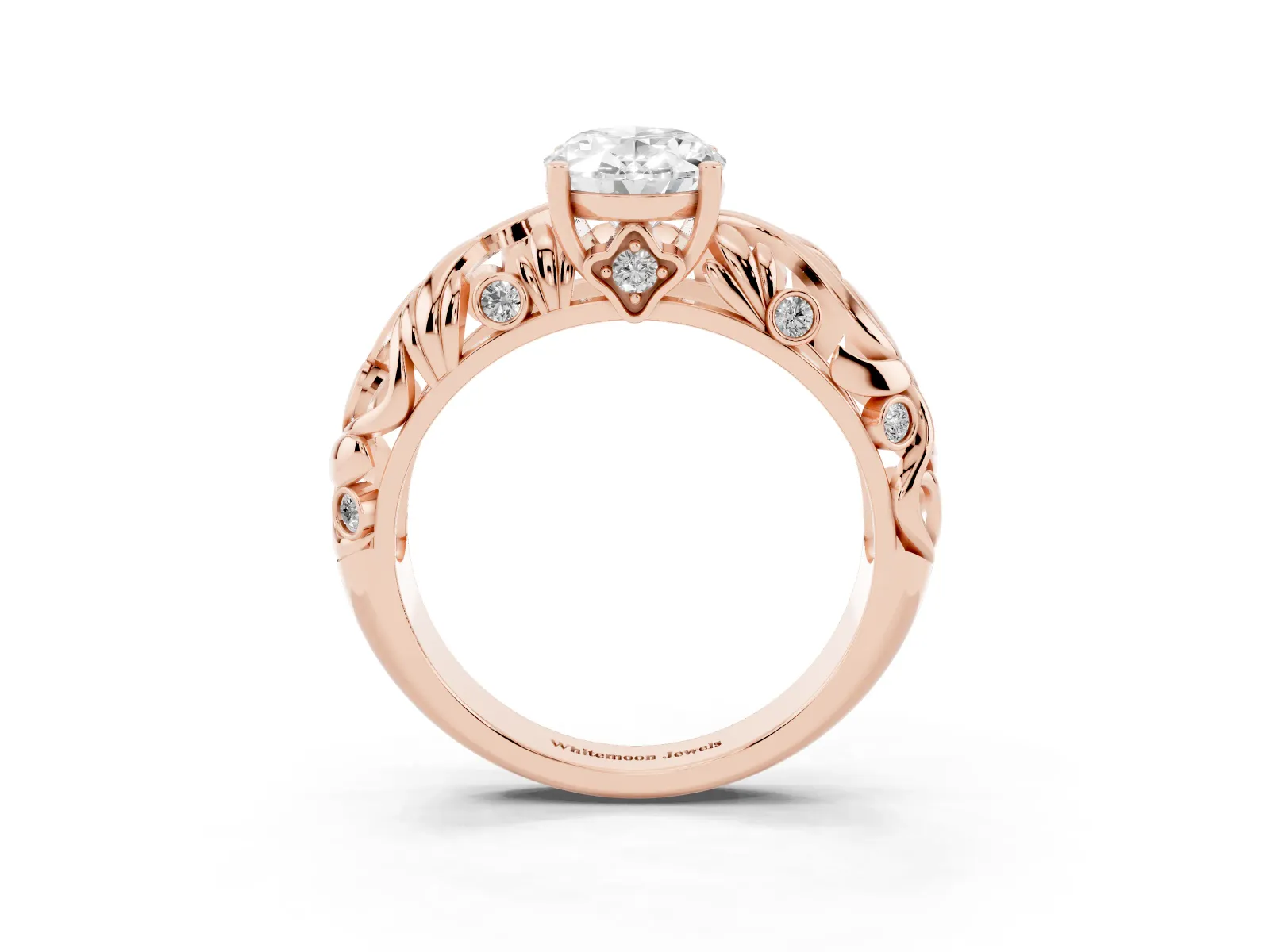 Oval Cut Solitaire Diamond Leaf-Inspired Vine Band Ring with Prong Setting Rose gold