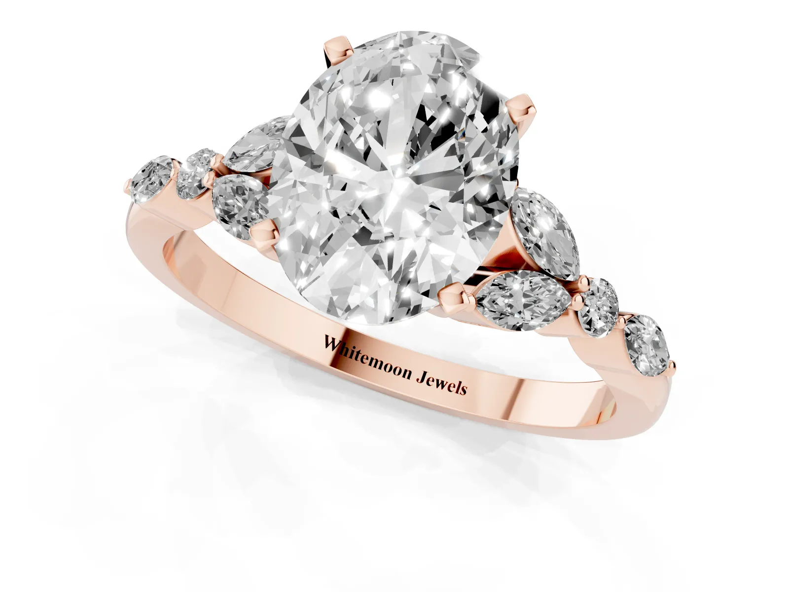 Oval Cut Diamond Solitaire Ring with Side Stones and Four-Prong Setting Rose gold