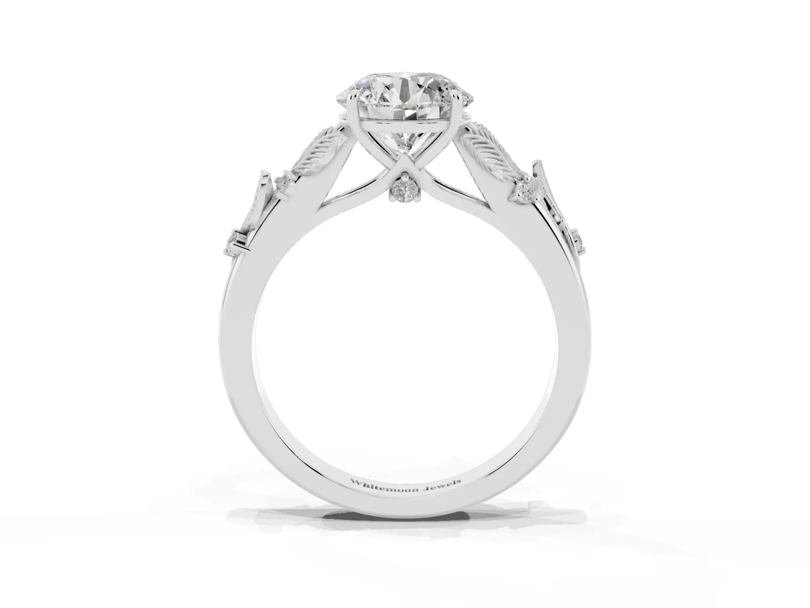 Round Cut Diamond Solitaire Ring with Leaf Motif Band and Four-Prong Setting Platinum