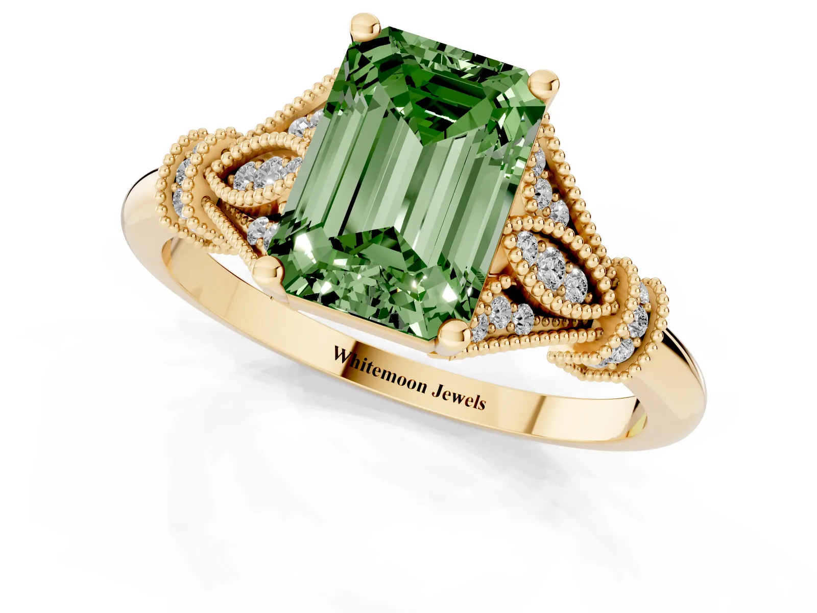 Fancy Green Emerald Cut Diamond Solitaire Ring with Floral Filigree and Pave Accents Yellow gold