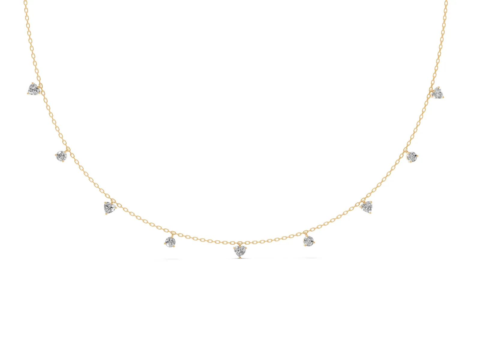 Heart and Round Diamond Station Necklace Yellow gold