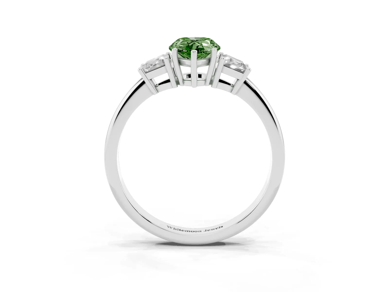 Fancy Green Pear Cut Diamond Three-Stone Ring with Trapezoid Side Stones and Prong Setting Platinum