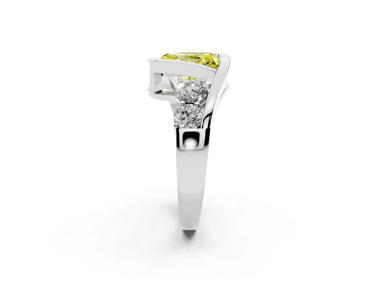 Fancy Yellow Bezel Set Radiant Cut Diamond Bypass Ring with Round Accents White gold