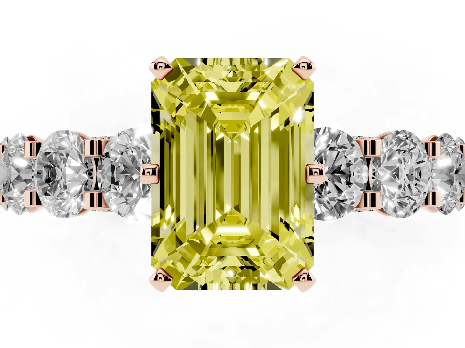 Fancy Yellow Emerald Cut Diamond Side Stone Engagement Ring with Four-Prong Setting Rose gold