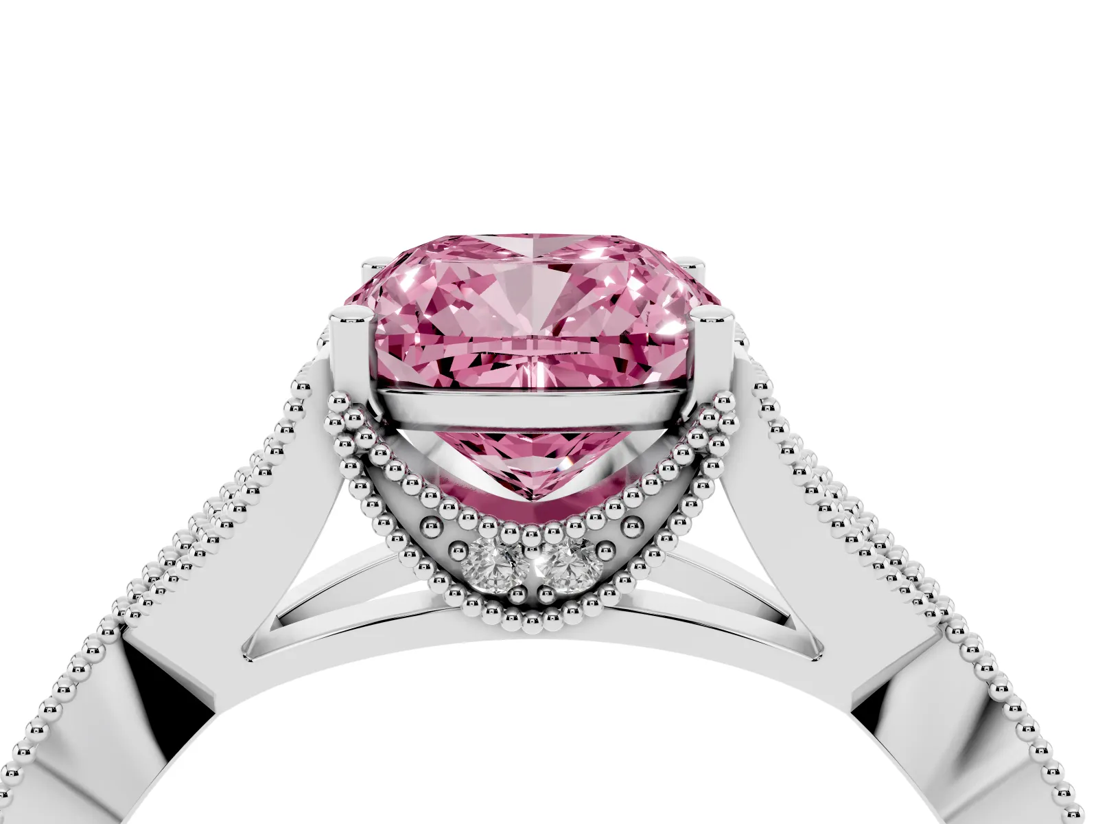 Fancy Pink Cushion Cut Cut Diamond Twisted Band with Milgrain Pave Setting and Four-Prong Setting Platinum